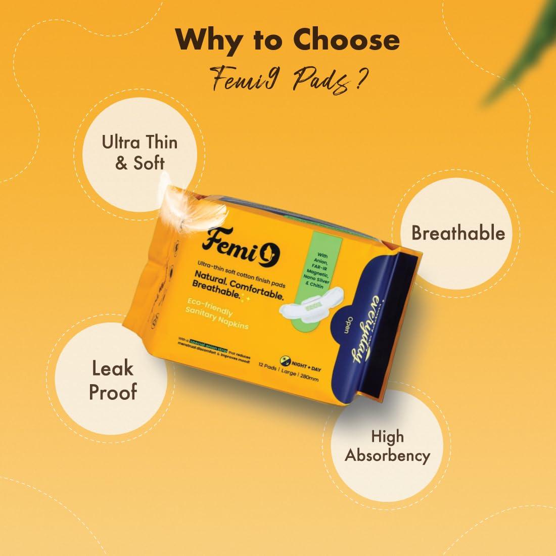 Femi9- Happy day everyday Femi9- Happy day everyday Ultra Soft Sanitary Pads for Women | Anti- Bacterial | Combo Pack | L- 12 Pads & XL- 10 Pads