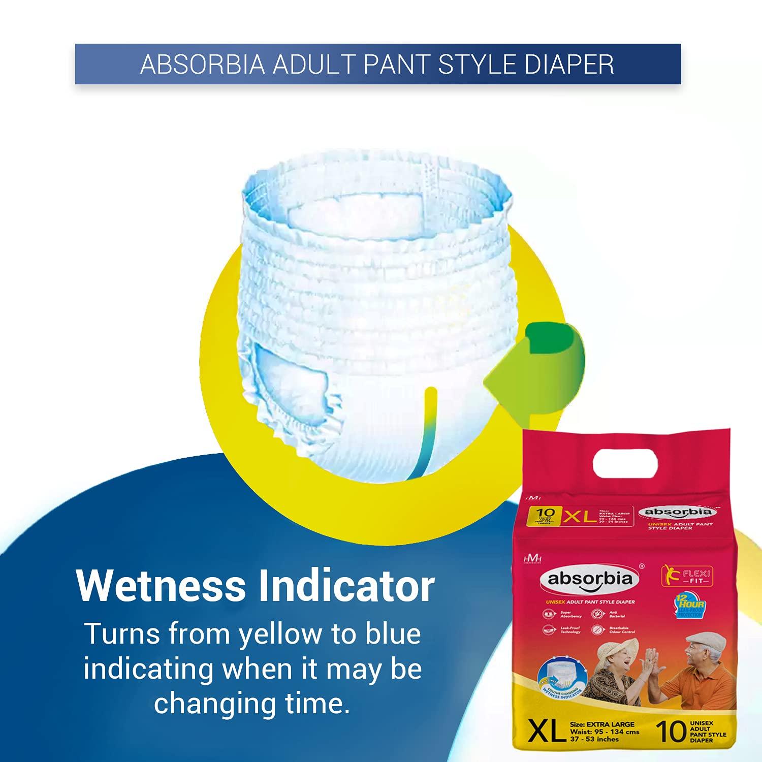 ABSORBIA absorbia Ultra Thin Adult Diaper Pant Extra Large Size | Waist Size 95-134 Cm (37-53 Incs) Size-Xl 10 Pant Diapers, 10 Count