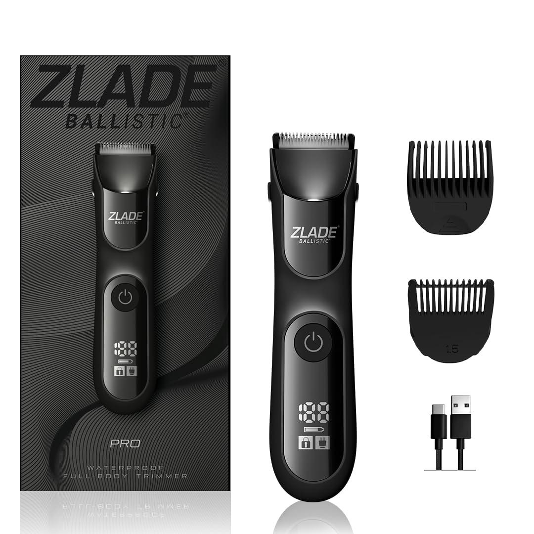 ZLADE Zlade Ballistic PRO Manscaping Body Trimmer for Men - Beard, Body, Pubic Hair Grooming - Waterproof, Cordless, Rechargeable - Smart Travel Lock, Digital Display, Black