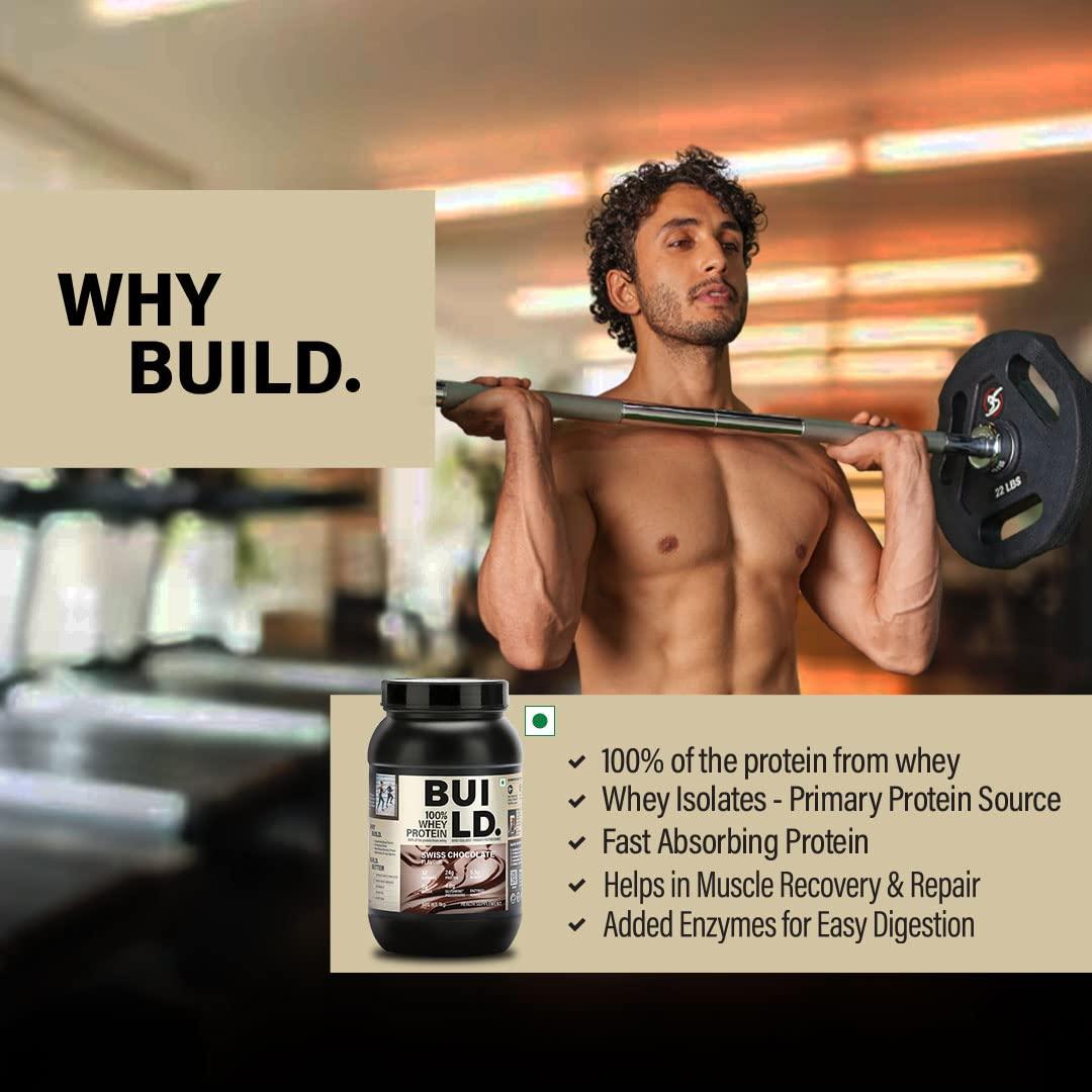 BUILD BUILD. 100% Whey Swiss Chocolate Flavor-1 kg | 24 gms Whey Protein Concentrate | Primary Source Whey Isolate| 5.5 gms of BCAA| Enzymes Added for Better Digestion| No Sugar| Muscle Building & Recovery