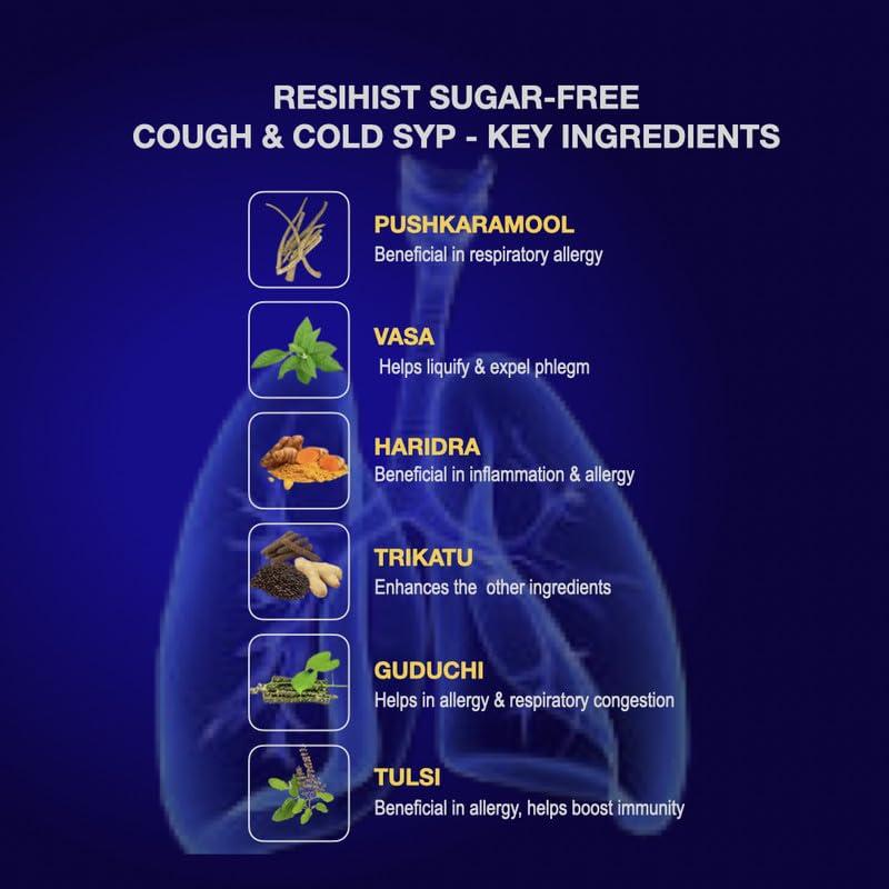 RESIHIST Resihist Sugar Free Cough & Cold Syrup I Natural Ingredients I Fast Relief From Cough, Cold, Throat Irritation, Congestion - 200ml (200ml x 1)