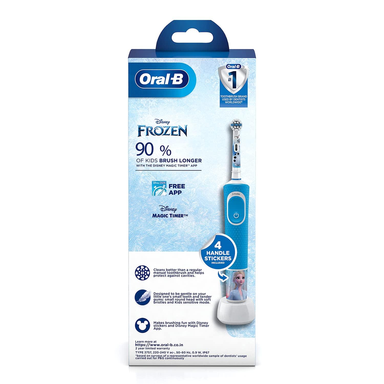 Oral B Oral B Kids Frozen Rechargeable Rotating Electric Toothbrush, 2 Brushing Modes (Daily & Sensitive), 2 Min Timer with Quadpacer, 2 Year Warranty, IPX7 Water Resistant, Round Brush Head