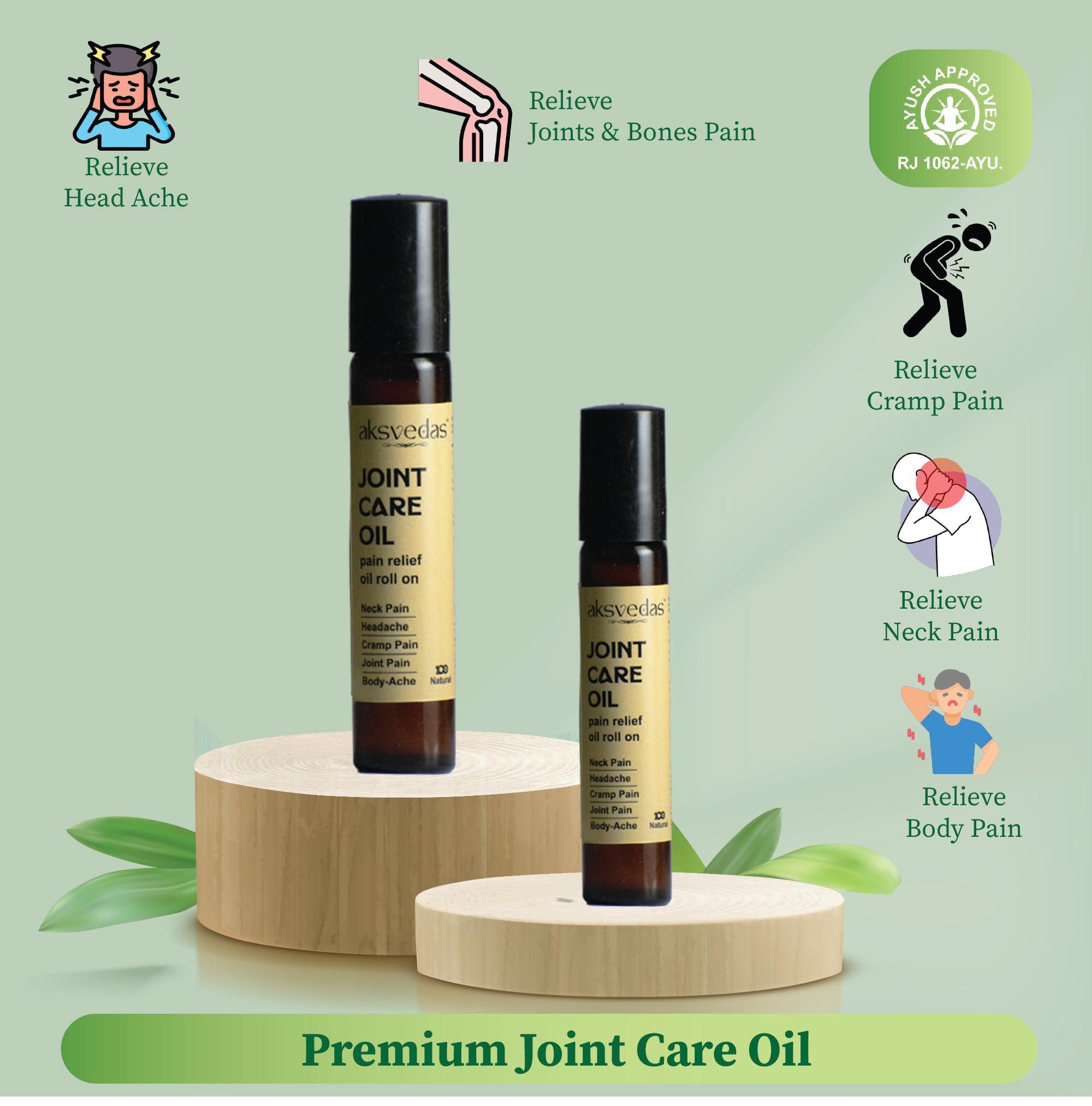aksvedas Aksvedas Joint Care Oil | Pain Relief Oil Roll On | Ayush Approved Joint Care Oil | Neck Pain | Headache | Cramp Pain | Body Ache | Knee Pain | Back Pain Relief Oil | 10ml + 10ml (Buy One Get One)
