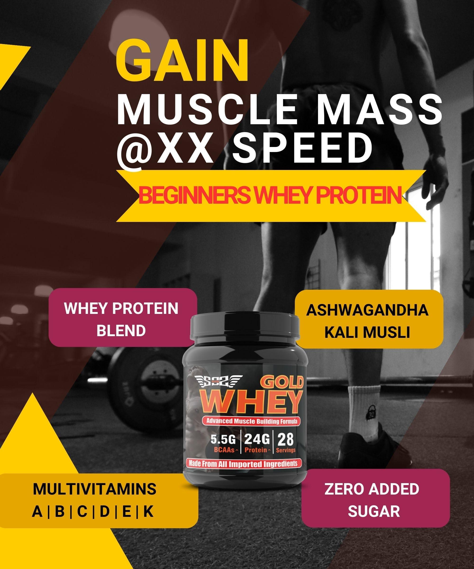 SOS Nutrition SOS Nutrition Whey Protein Powder for Men, GOLD Whey for Muscular Lean Body, 24g Protein/Day, 5.5g BCAAs, Ashwagandha, Kali Musli, Multivitamins (Chocolate, 910g)