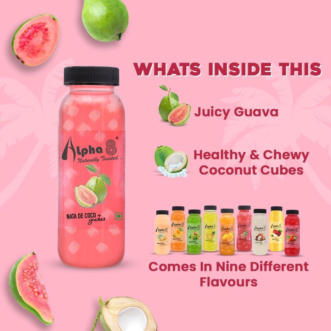 ALPHA 8 ALPHA 8 FRUIT Juice with NATA De Coco Coconut Cubes Natural Energizer & Immunity Booster, Healthy Juice, High Fiber, Real Natural Taste (Guava Juice, Pack of 24)