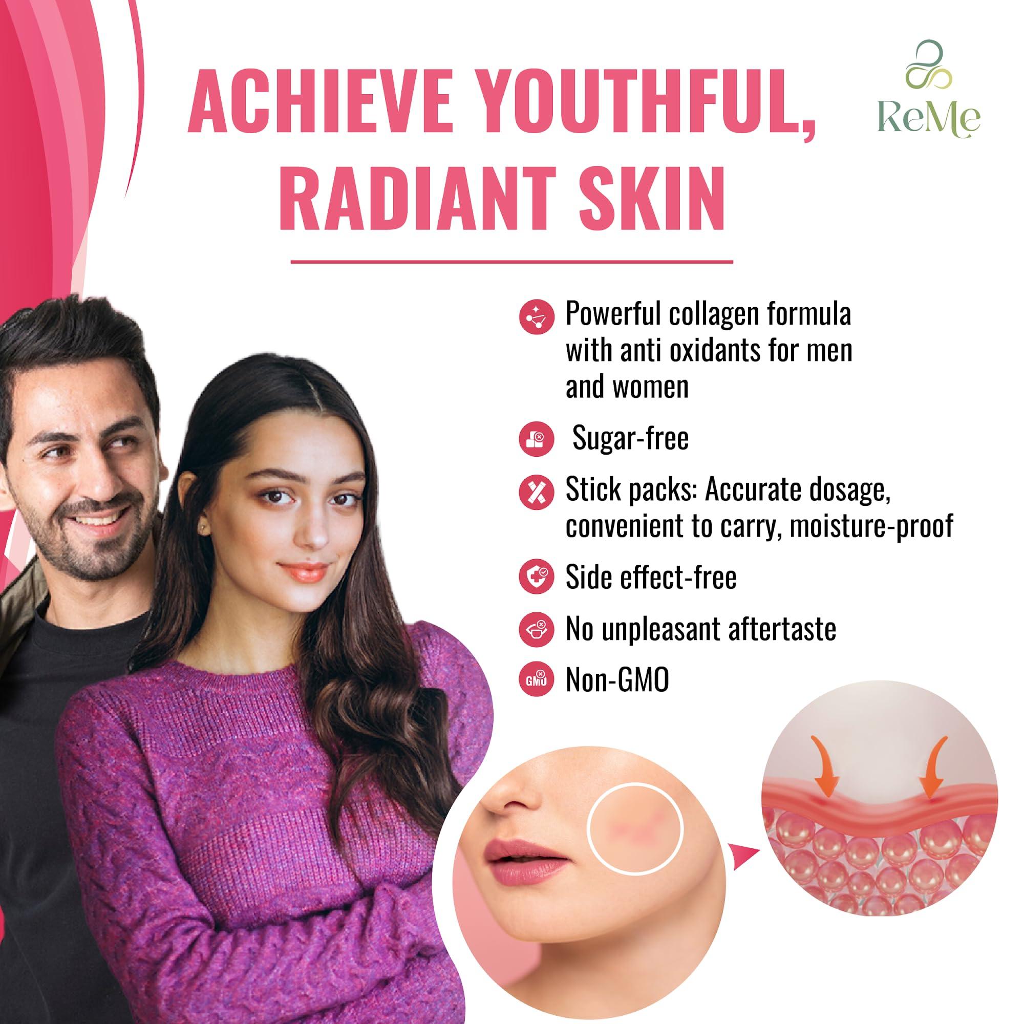 REME ReMe Uni Collagen - Pure Premium Marine Collagen Peptide With Antioxidants - Pack of 30 Stick Packs. Color:White.