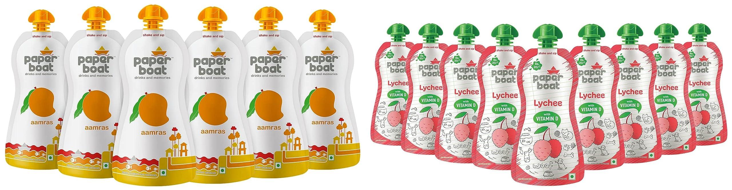 Paper Boat Paper Boat Aamras Juice, 250ml (Pack of 6) & Paper Boat Lychee Juice, Litchi Jelly Drink Enriched with Vitamin D, No Added Preservatives and Colours (Pack of 9, 150ml each), Pink