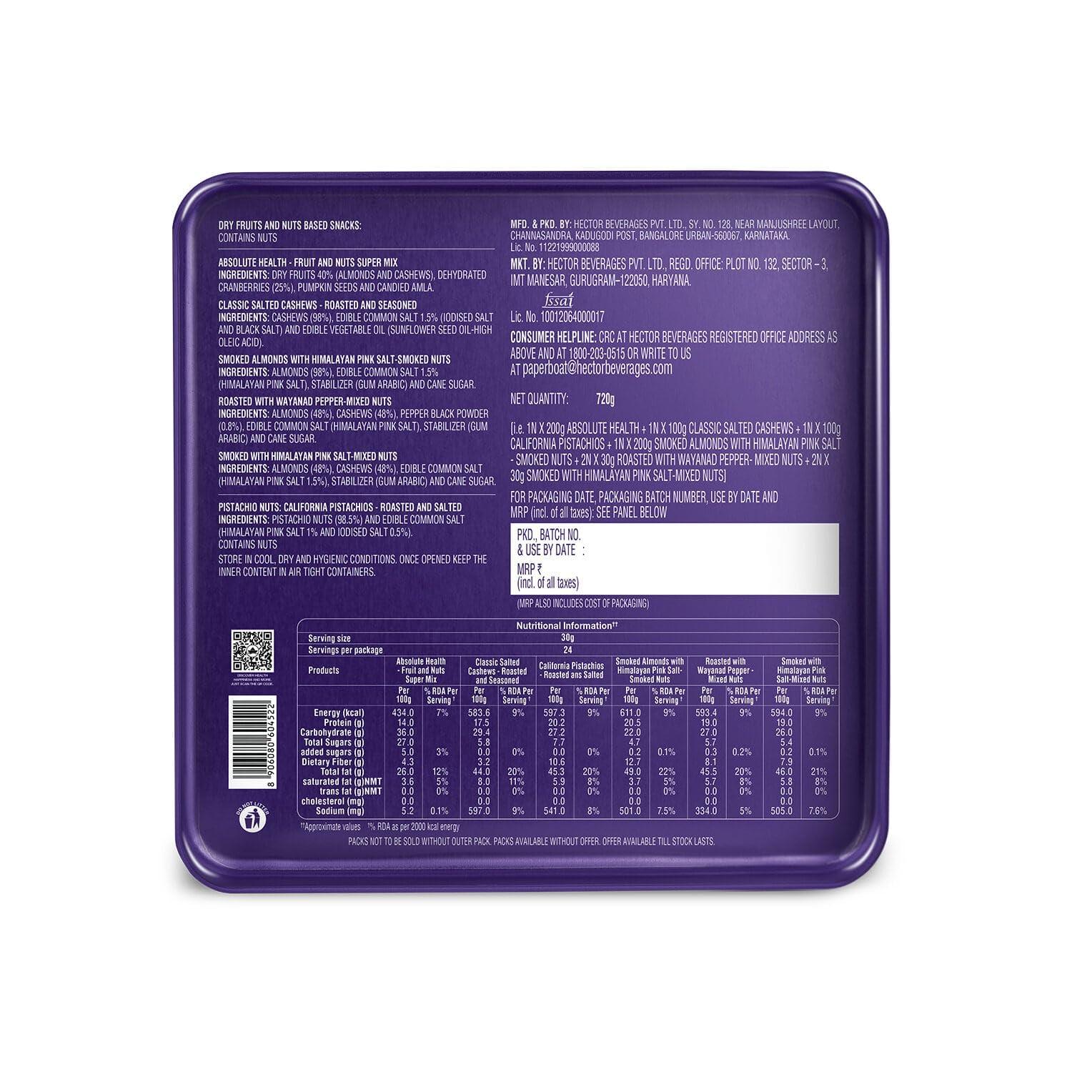 Paper Boat Paper Boat Holi Dry Fruit Box, 720g - Exquisite Holi Gift Hamper |Beautiful Reusable Tin Box | Celebration Festive Gift for Family | Assorted Mix of Flavoured Nuts & Trail Mix | Cashews, Almonds, Pistachio, and Mixed Nuts