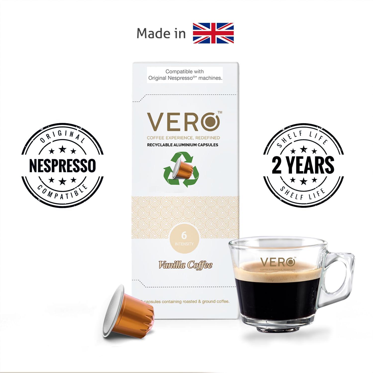 VERO VERO \"Vanilla Coffee Capsules\", Intensity 6 of 12, Original Nespresso Compatible Coffee Pods, Medium Roast, Pack of 10 Pods, Made in U. K.