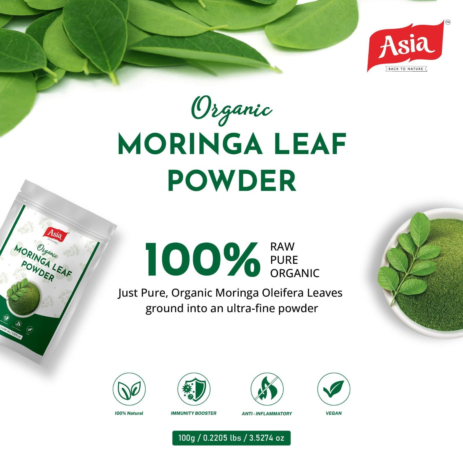 ASIA SPICES Asia Organic Moringa Powder 100% Pure & Natural Superfood | USDA Organic Certified | 100g | Supports Glowing Skin, Healthy Hair, Energy, Immunity & Digestion | Vegan & Non-GMO