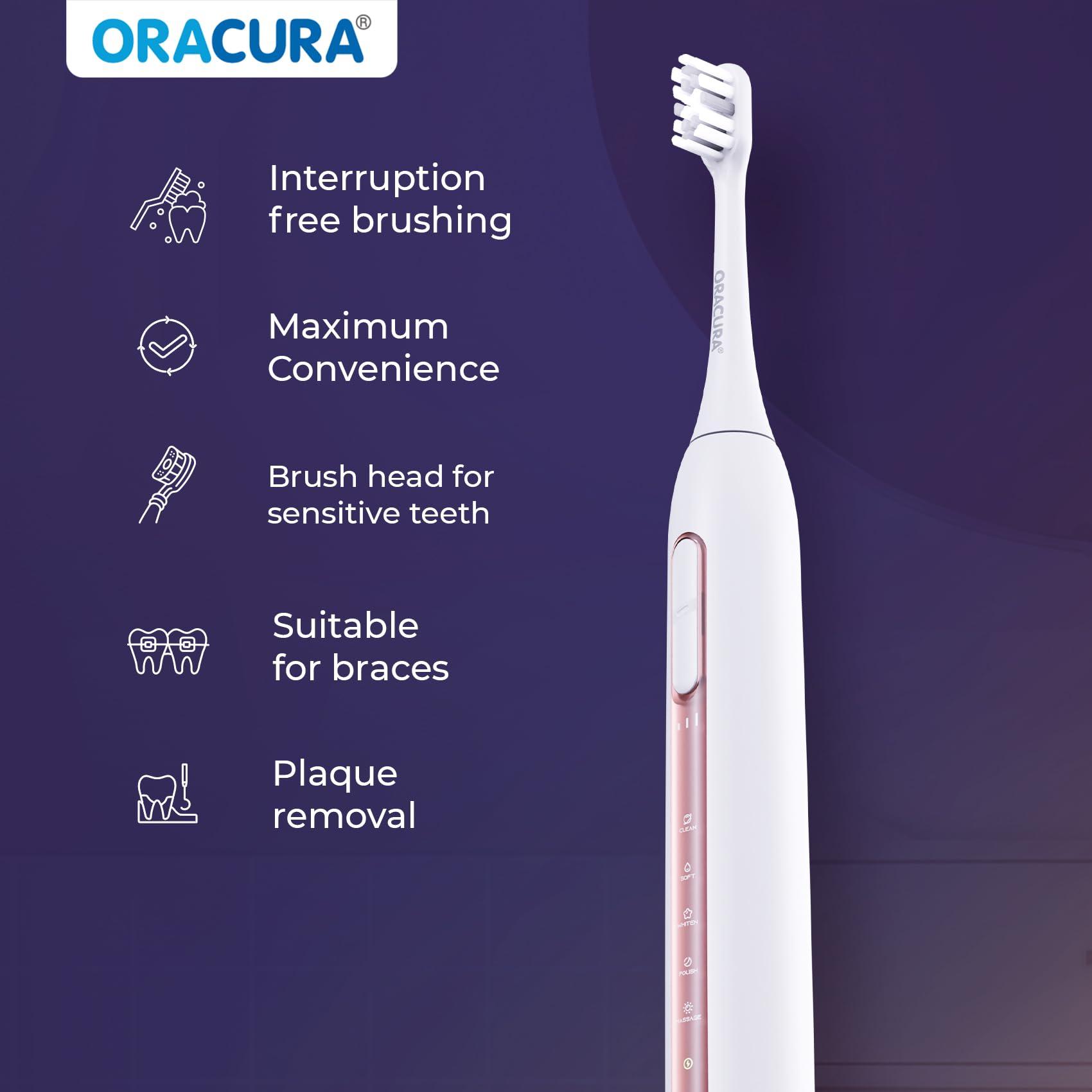 ORACURA ORACURA Sonic Smart Electric Rechargeable Toothbrush SB300| Peach |4 Vibrant Colors| 36,000 strokes/min| With 5 Modes & 3 Intensity Levels| IPX7 Waterproof| 2 Minutes Auto-Timer| 90 Days Battery Life
