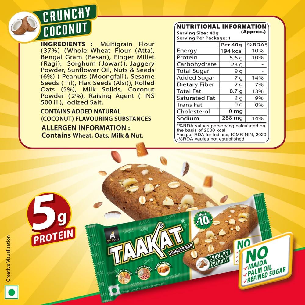 Taakat Hunger Bar Taakat Hunger Bar Crunchy Coconut - Pack of 20 bars | Multigrain | Nuts & Seeds | Pure Jaggery | 5g Protein | Source of Fiber | No Maida | No Palm Oil | No Refined Sugar | Baked & Crunchy | Tasty & Filling