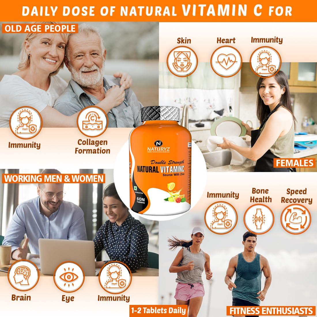 Naturyz Naturyz Double Strength Natural Vitamin C & Zinc Supplement with Amla, Acerola Cherry, Citrus Bioflavonoids rich in Antioxidants for Immunity Support & Skincare pack of 2 (120 Vegetarian tablets)