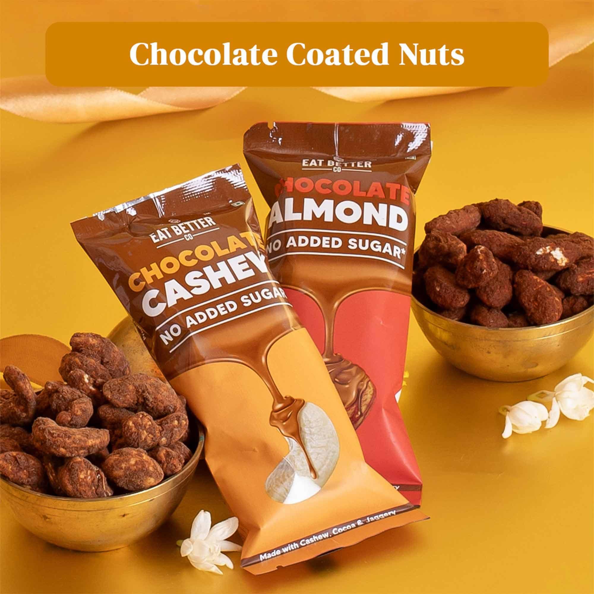 EAT BETTER CO Anmol Rakhi Gift Hamper - 7 Items Combo Pack - Chocolate Coated Almonds & Cashews - Four packets of Dry Fruits with Roli, Chawal & Rakhi | Raksha Bandhan Box for Brother - Rakhi with Gift Set