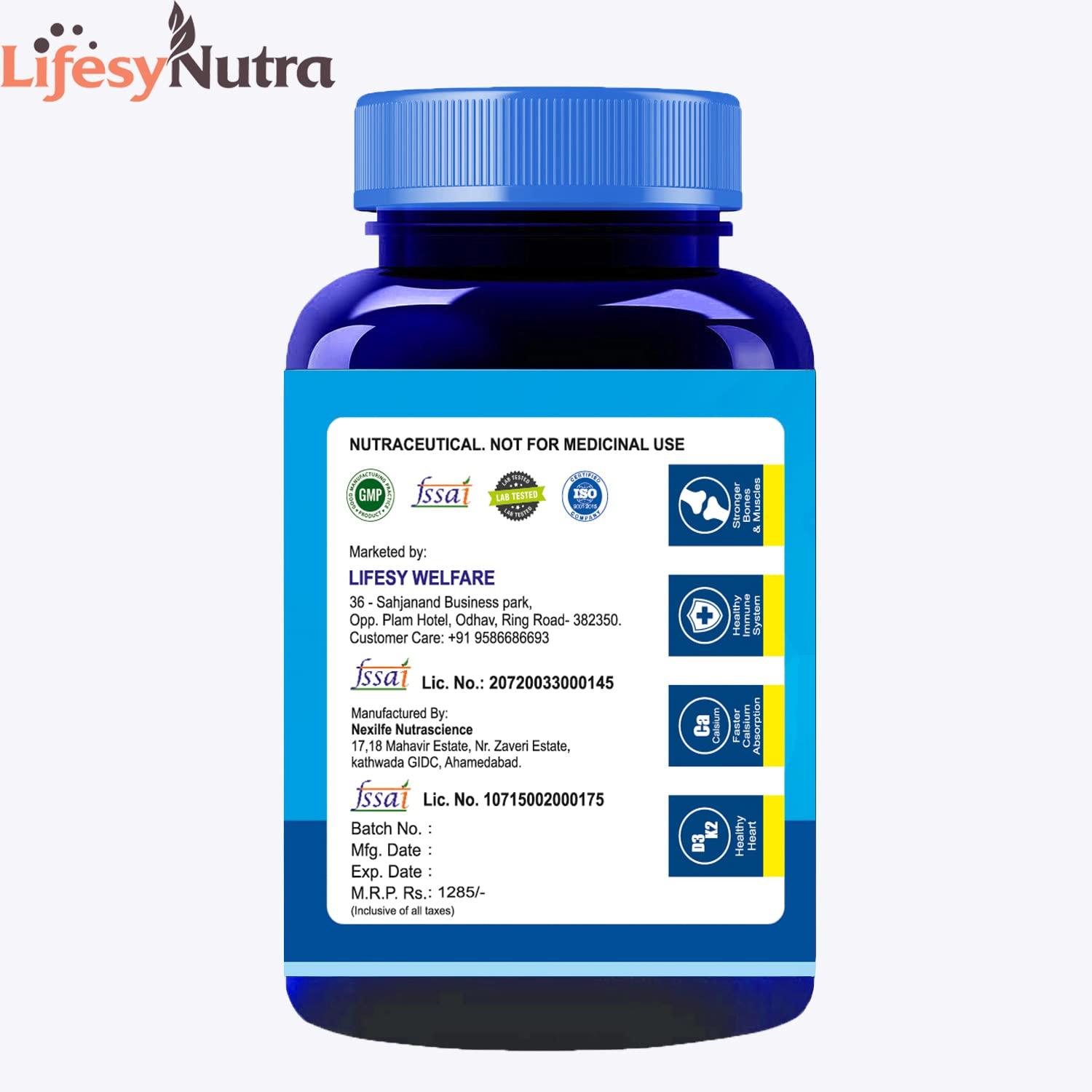 LIFESYNUTRA Lifesy Nutra Vitamin D3 With Vitamin K2 as MK7 supplement For Healthy Heart & Bone Health Booster - 120 Vegetarian Tablets