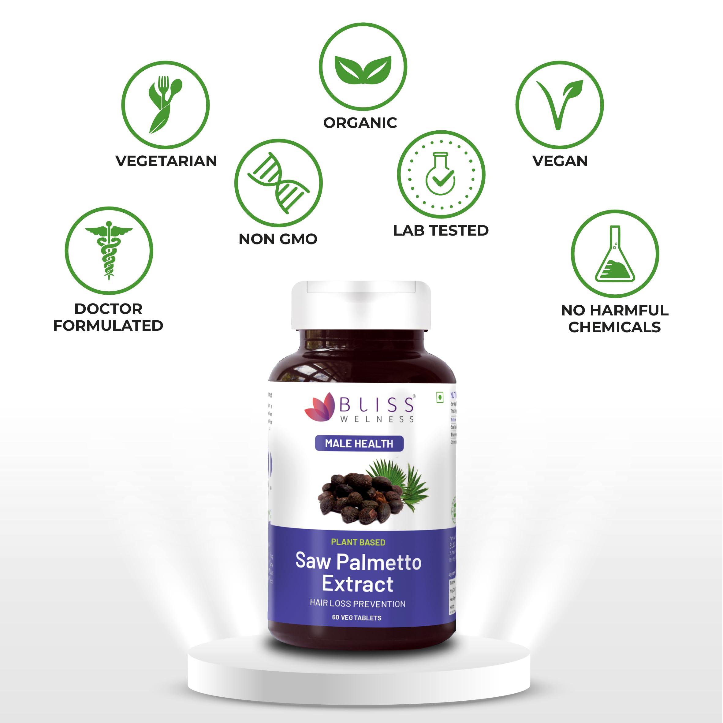 Bliss Welness Bliss Welness Saw Palmetto Extract 800 MG | Hair Growth Prostate Health Support Urinary Tract Function Prevent Hair Fall Ayurvedic DHT Blocker Health Supplement - 60 Vegetarian Tablets