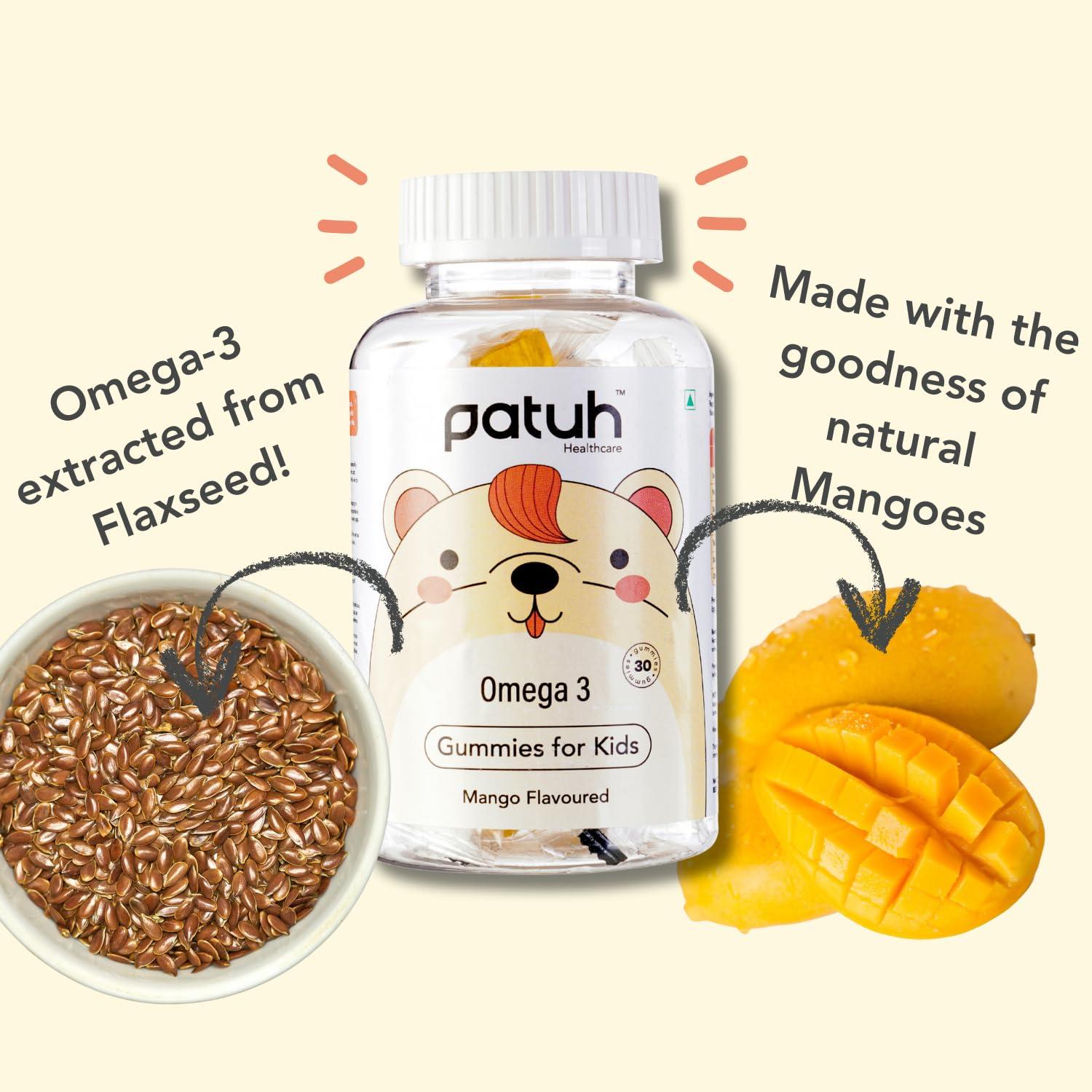 PATUH HEALTHCARE Patuh Healthcare Combo Calcium and Vitamin D3, Iron, Omega 3 Gummies for kids (4 years+) | 30 Day Pack | 100% Vegetarian, Natural Strawberry flavour,Pomegranate flavour,Mango flavour