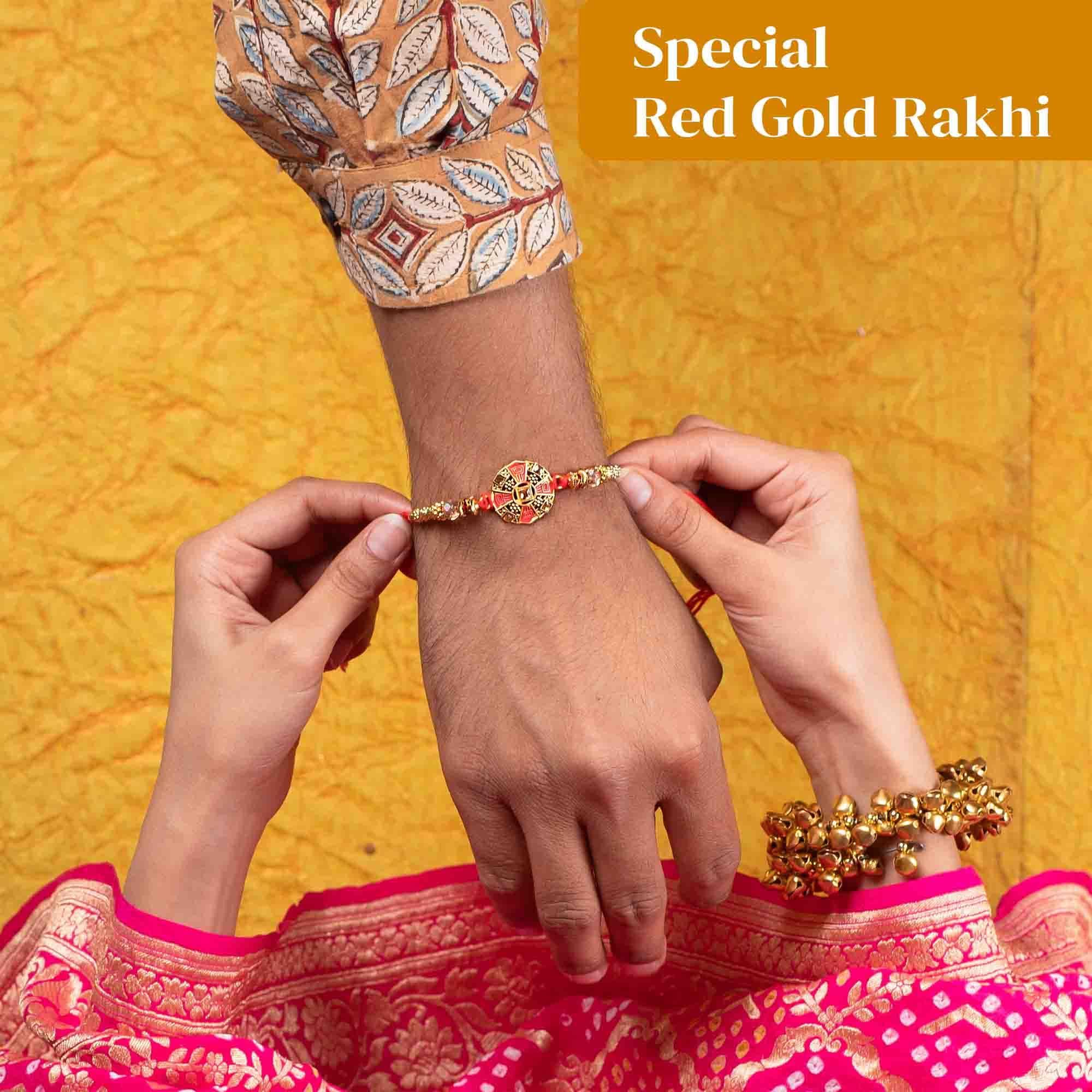 EAT BETTER CO Anmol Rakhi Gift Hamper - 7 Items Combo Pack - Chocolate Coated Almonds & Cashews - Four packets of Dry Fruits with Roli, Chawal & Rakhi | Raksha Bandhan Box for Brother - Rakhi with Gift Set