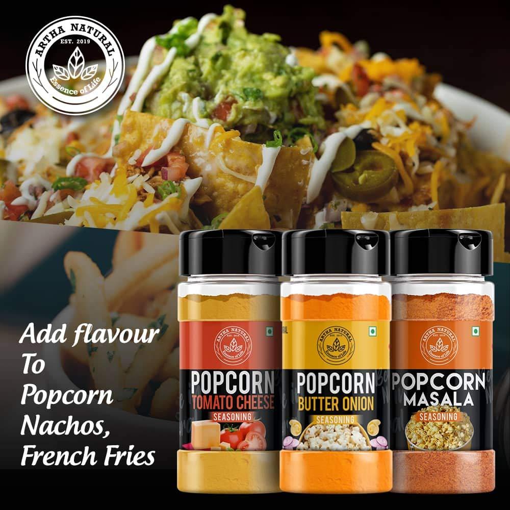 ARTHA NATURAL Artha Natural - Popcorn Seasoning Combo - Cheddar Cheese Seasoning, Butter Onion, Cheese Tomato, Popcorn Masala, Peri Peri Masala [For PopCorn Seasoning, Nachos, Sprinkle on French Fries] - 200g each (1000g)