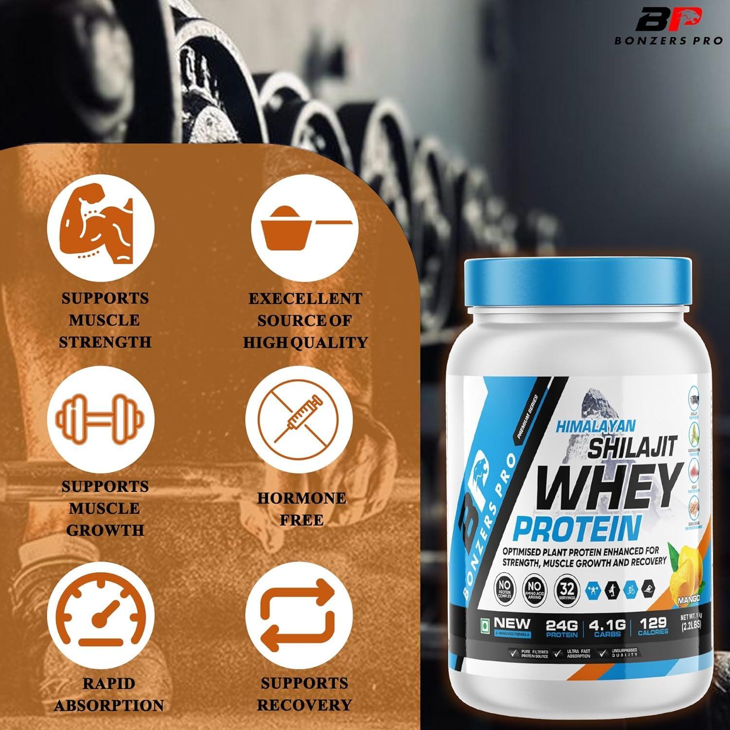 BONZERS PRO Bonzers Pro Himalayan Shilajit Whey Protein - 1 Kg (2.2 lbs) | 24g Protein, 5.5g BCAA, Ashwagandha, Safed Musli, Kesar for Muscle Growth | Mango Flavor