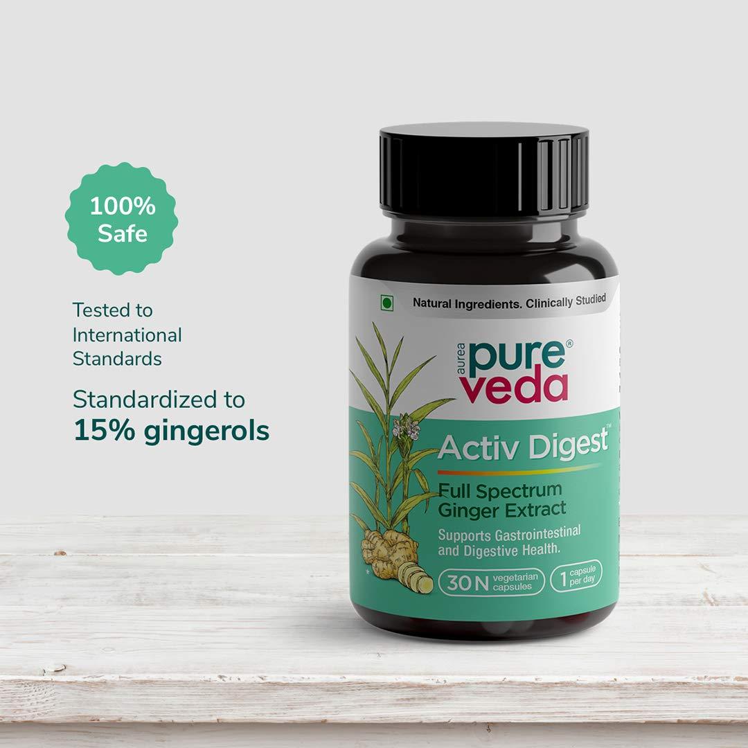 AUREA PUREVEDA Pureveda Activ Digest - Full Spectrum Ginger Extract Capsule - Natural Digestion Supplement - Improve Gastrointestinal Health - 30 Veg Capsules