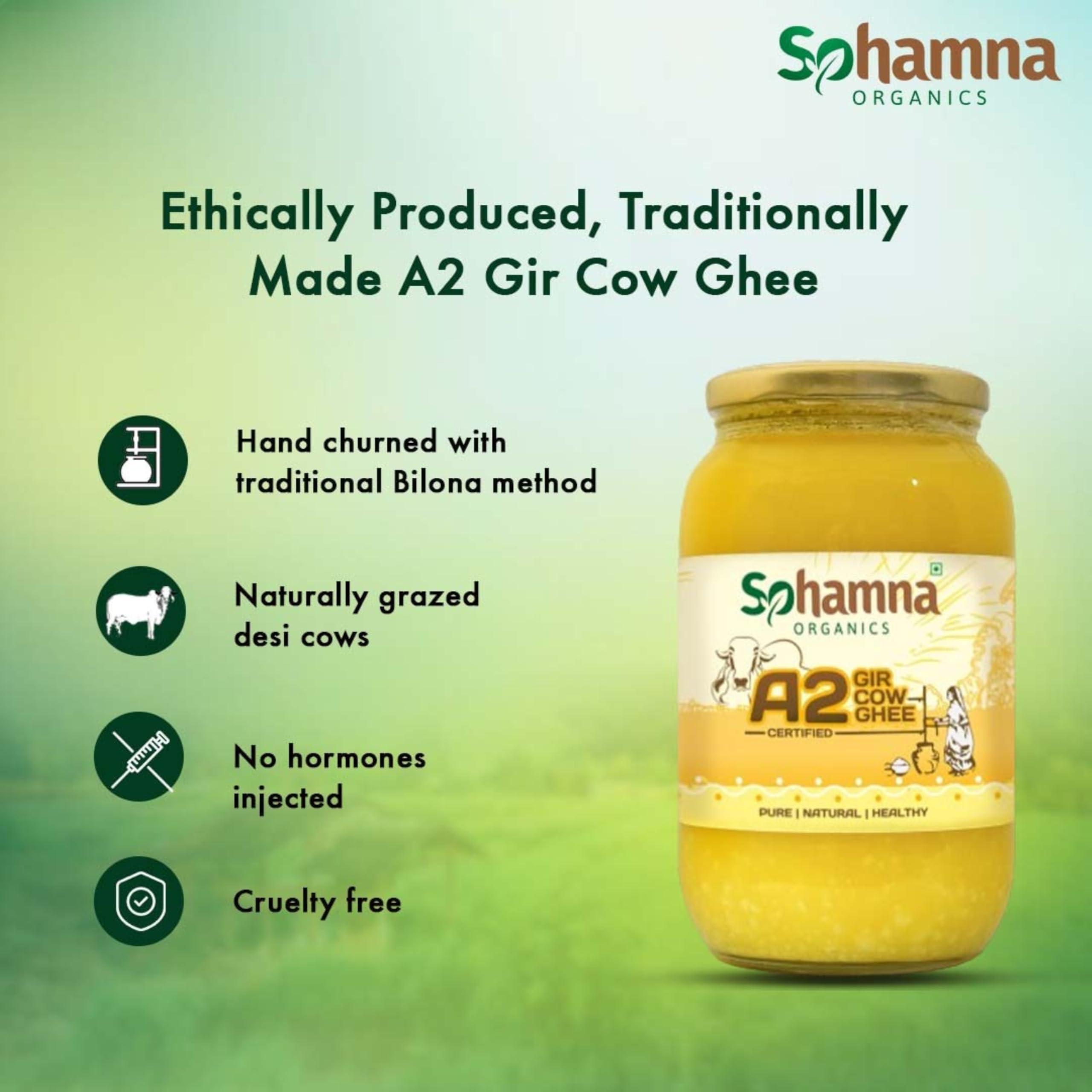 Sohamna Organics Traditional Vedic Ghee Premium A2 Gir Cow Cultured Ghee from Sohamna Organics | Vedic Bilona Two Way Hand Churned | Indian Gir Cow Ghee, Pure A2 Ghee, Natural & Healthy, Non-GMO (1 litre)