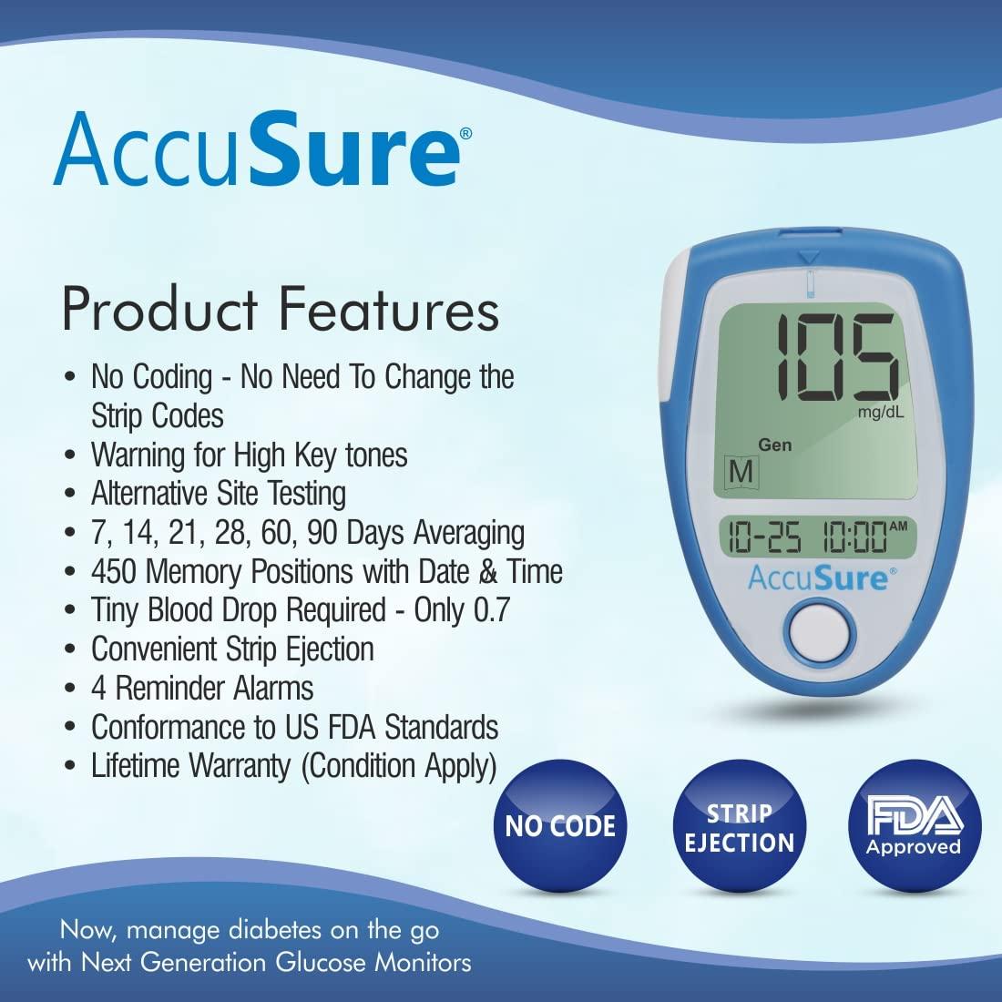 AccuSure AccuSure Instant Digital Blood Glucose Glucometer Kit Combo Value-Pack (25 Test Strips + 10 Lancets + 1 Lancing device) with Extra pack of 25 strips |Blood Glucose Testing Meter.