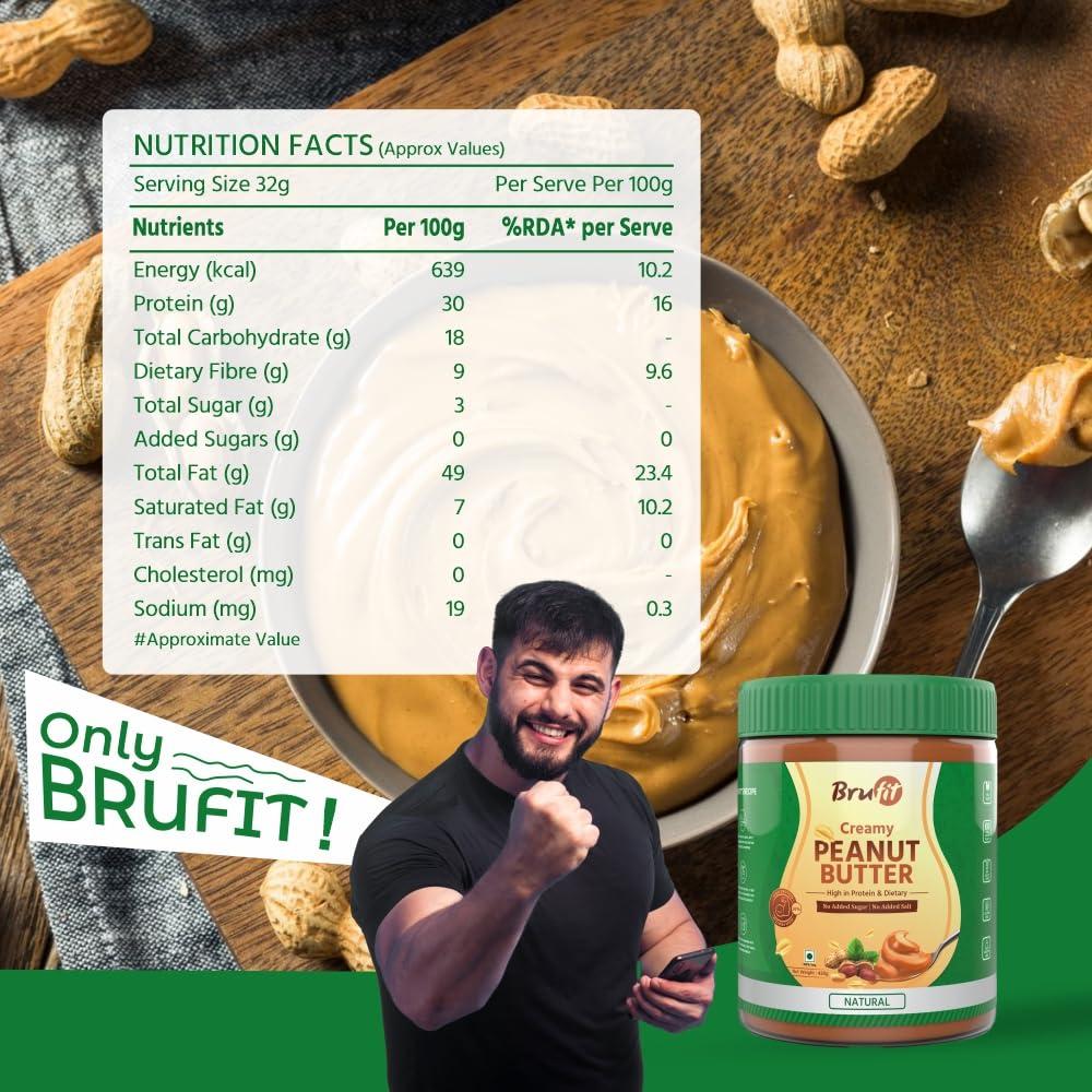 Brufit BruFit Natural Peanut Butter | 30g Protein | Unsweetened Healthy Nut Butter Spread with NO added Sugar | No-Cholesterol & Gluten | Zero Tans Fat | Creamy Peanut Butter (420 g)