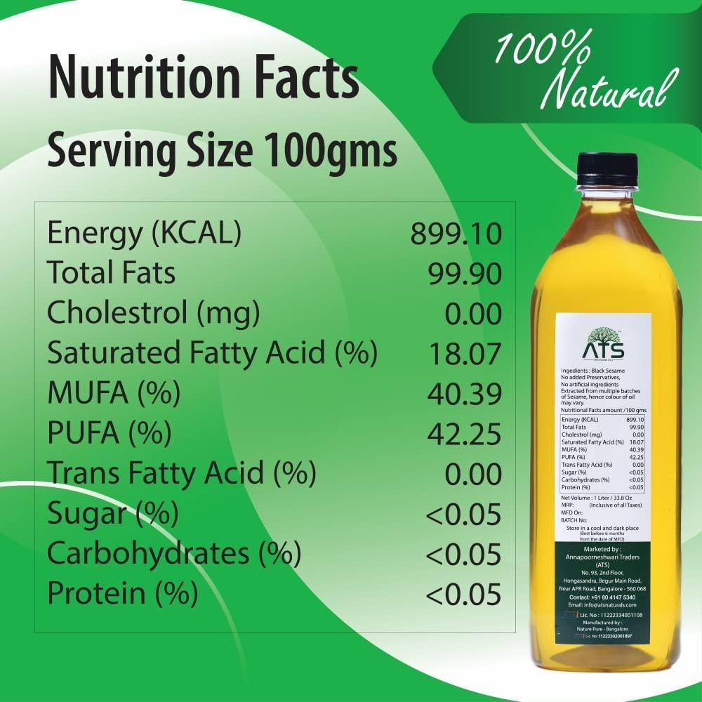 ATS ATS 100% Wood Pressed Black Sesame Oil 1 Litre Pet Bottle, Kacchi Ghani/Mara Chekku, Black Sesame Oil, Kalatil ka tel, Gingelly Oil, Natural, Chemical-Free, Wood Pressed Coconut Oil for Cooking