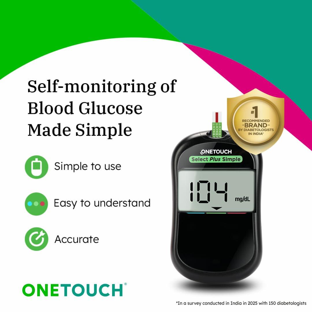 OneTouch OneTouch Select Plus Simple glucometer machine with 50 Test Strips | Simple & accurate testing of Blood sugar levels at home | Global Iconic Brand | Includes 10 Sterile Lancets + 1 Lancing device