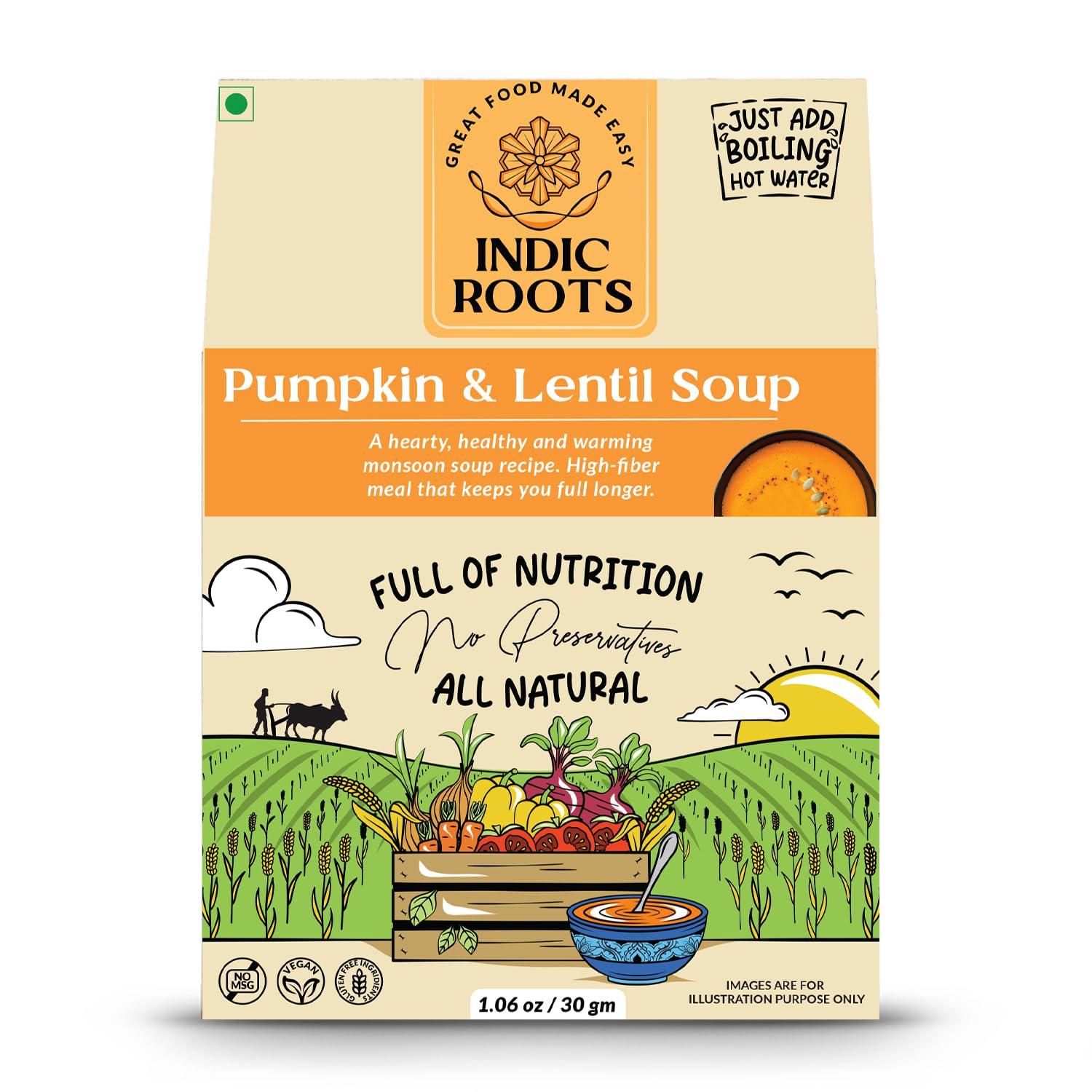 Organic Roots Indic Roots (Organic Roots) Pumpkin & Lentil Soup, Instant Soup Packets, Healthy Natural Ready To Cook Vegetable Soup Mix Powder, Pack of 4 (30G Each, 230Ml)