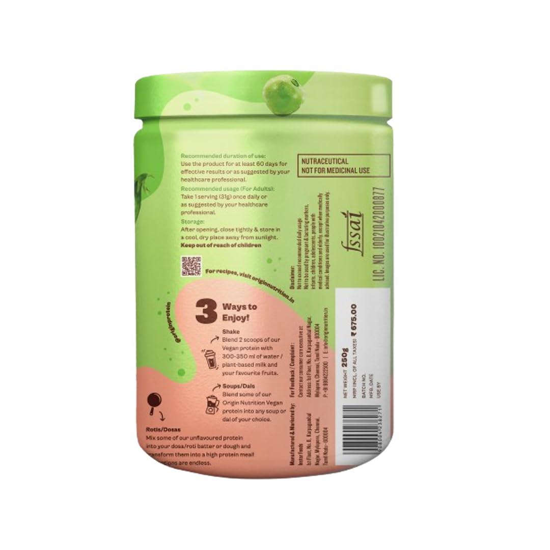 ORIGIN NUTRITION Origin Nutrition 100% Natural Vegan Protein Powder, Unflavoured with 25g Plant Based Protein, Gluten Free, Dairy Free, No Added Sugar, Soy Free, Non - GMO, Jain, 8 Servings, 260g