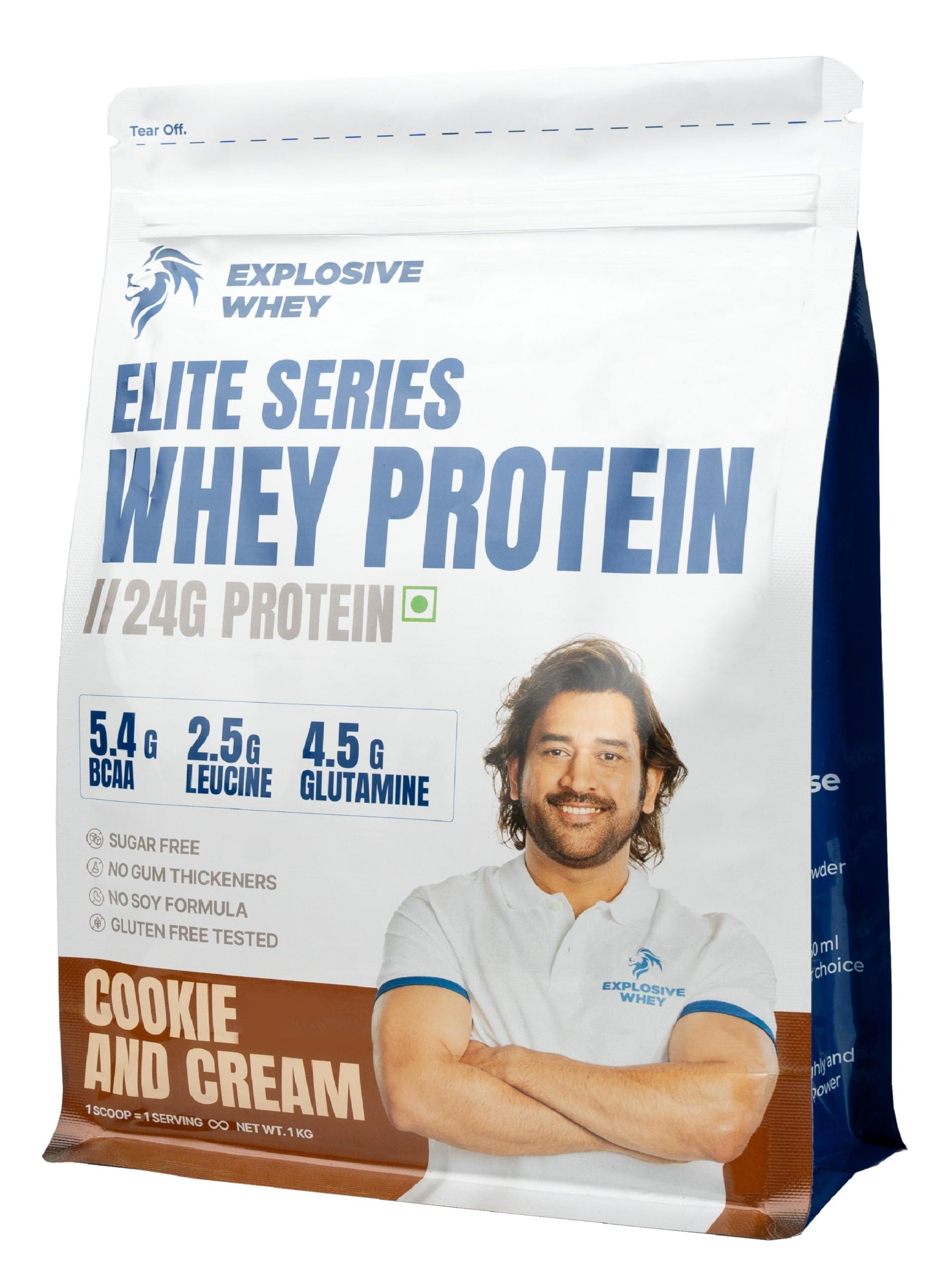 EXPLOSIVE WHEY Explosive Whey Elite Series Whey Protein - Trusted by M.S. Dhoni and Kedar Jadhav | Premium, Concentrate Sport Supplements for Enhanced Muscle Growth and Recovery (30 Servings - 1Kg, COOKIE & CREAM 24g Protein)