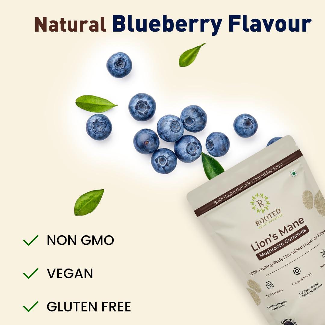 ROOTED Rooted Actives Certified Organic Lions Mane Mushroom Extract Gummies | Memory, Focus, Brain Powder & Nerve Health | Usda Organic, No Sugar, Blueberry Flavor | Lions Mane Powder