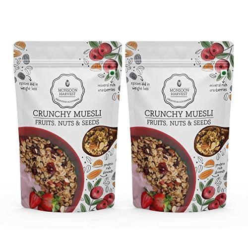 MONSOON HARVEST Wingreens Harvest Crunchy muesli - Fruits, nuts and seeds, 2 * 200g | Gluten free breakfast | Combo pack | 100% natural ingredients