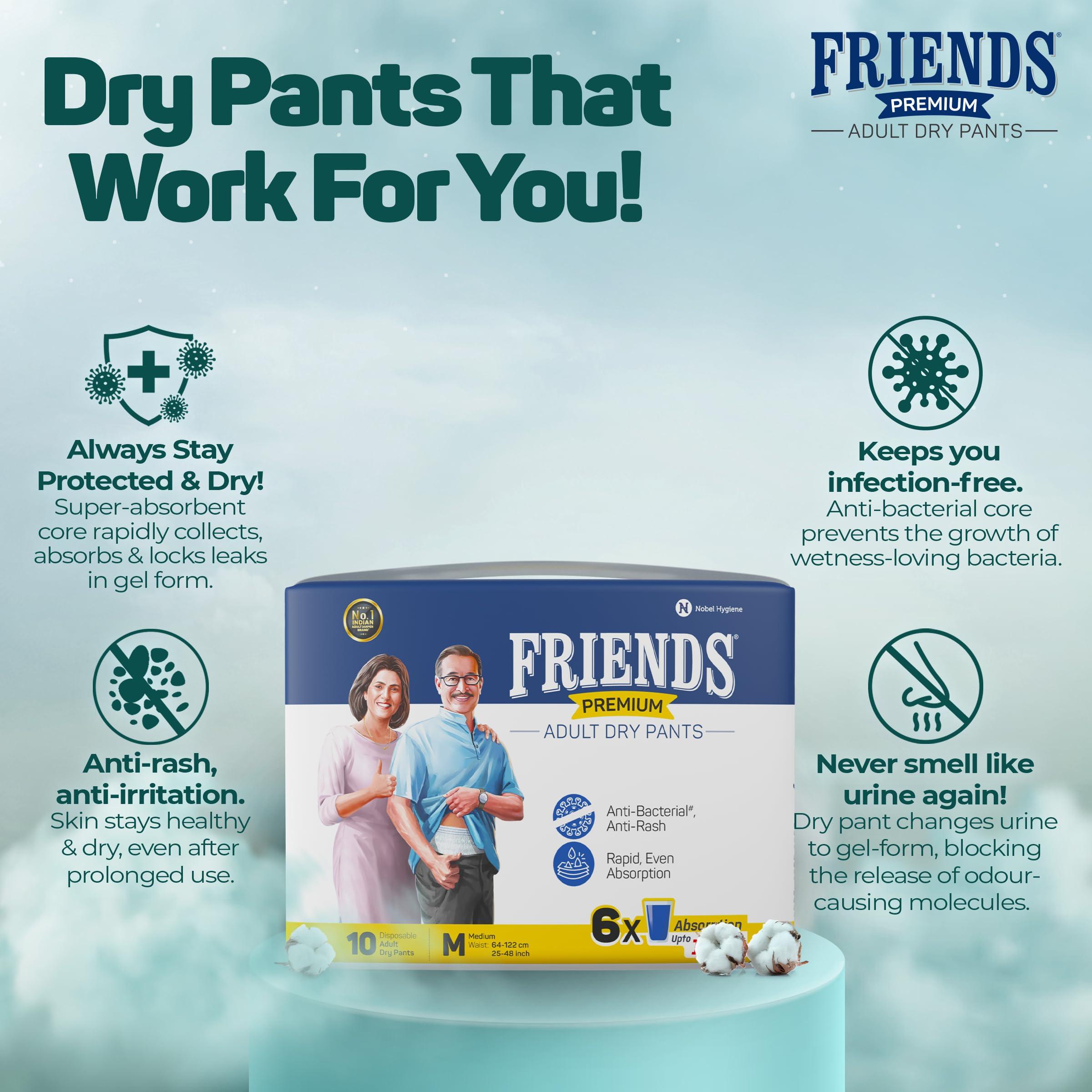 Friends Friends Premium Adult Diapers Pants Style - 60 Count (Medium) with odour lock, Unisex, Leakproof, Elastic Waist and Anti-Bacterial Absorbent Core - Waist Size 25-48 inch; 63.5-122 cm