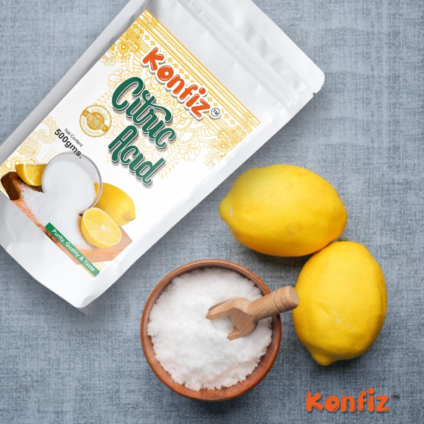 Konfiz KONFIZ Citric Acid Crystals 500 Grams (100% Pure Citric Acid Powder for Cleaning - Food Grade, Nimbu Sat - Multiple Uses for Home and Kitchen - Natural Preservative and Flavoring Agent)