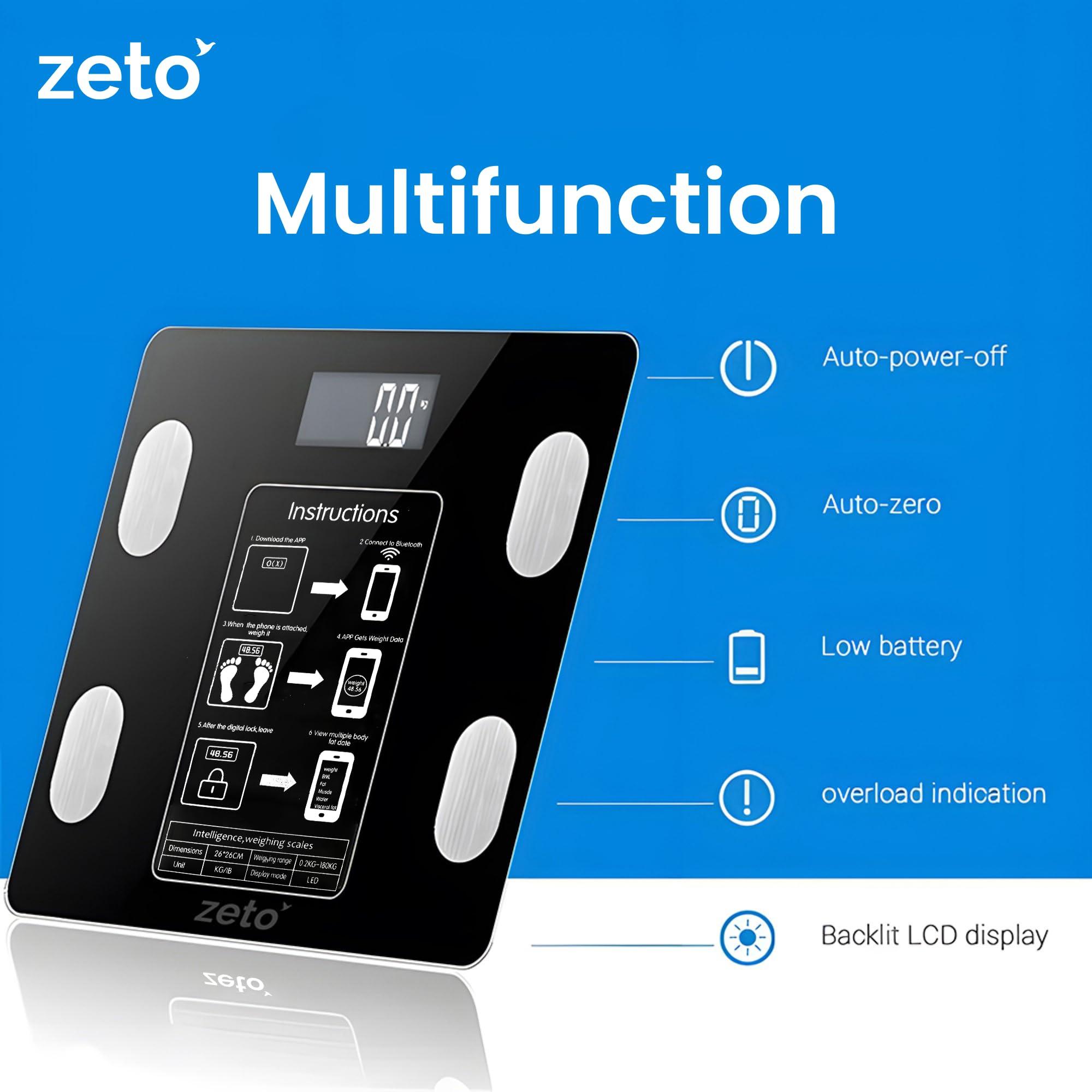 ZETO ZETO Bluetooth Digital BMI Weight Scale with Body Fat Analyzer and Fitness Tracker - Smart Scale Plus for Effortless Weight Loss Journey (XL)