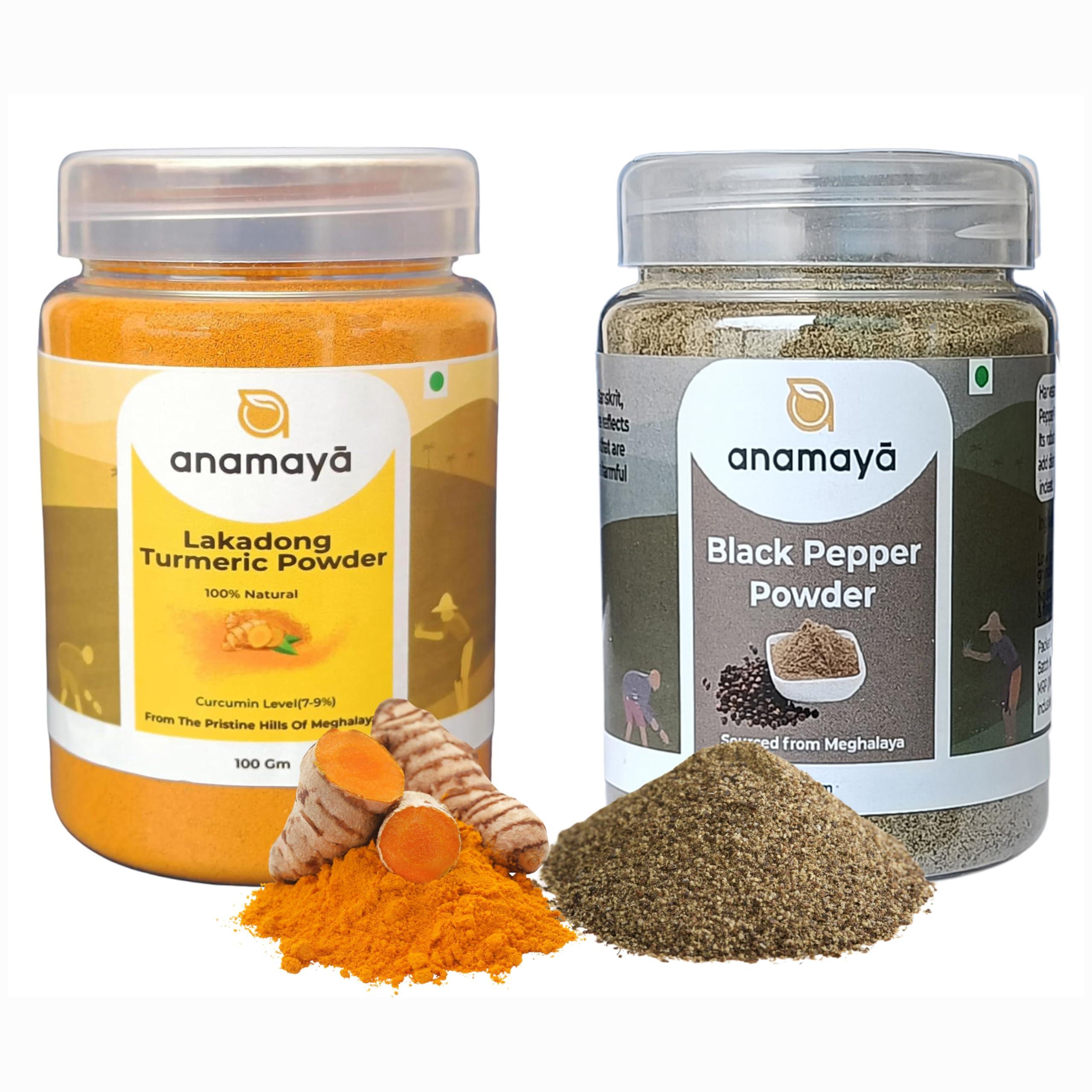 anamaya Lakadong Turmeric & Black Pepper Powder by Anamaya | 100% Pure & Natural | Healthy and well being combo | Nature\'s healing heroes | Turmeric & Kali Mirch powder | Pack of 2 | 100 Gms Each