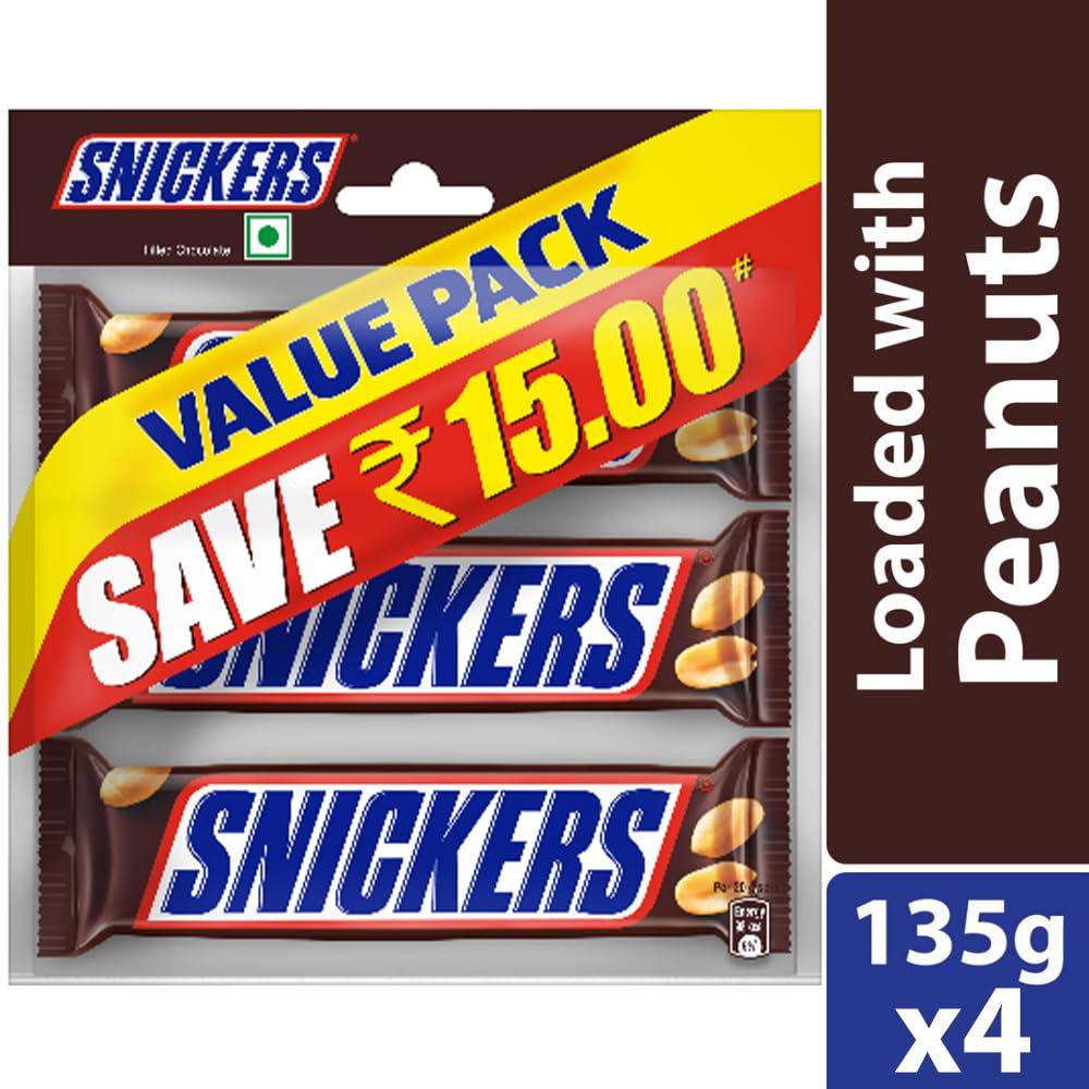 Snickers Snickers Peanut Filled Chocolate Value Pack | 3 Peanut Chocolate Bars | Loaded with Roasted Peanuts, Nougat & Caramel Delight | Imported Chocolate | Pack of 4 - 135 gram