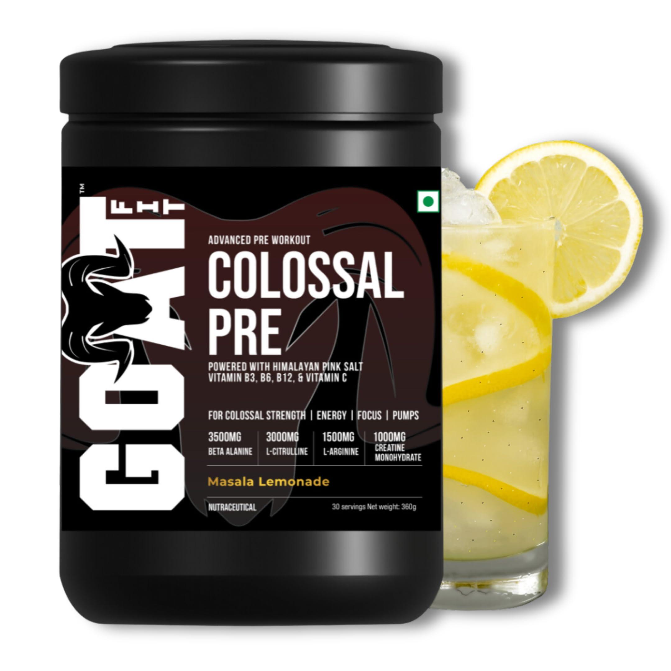 G.O.A.T Fit G.O.A.T Fit Colossal Pre | PreWorkout Powder (Masala Lemonade, 360gm - 30 Servings) 200mg Caffeine 3.5g Beta-Alanine 3g Citrulline 1.5g Arginine 1g Creatine with Himalayan Pink Salt