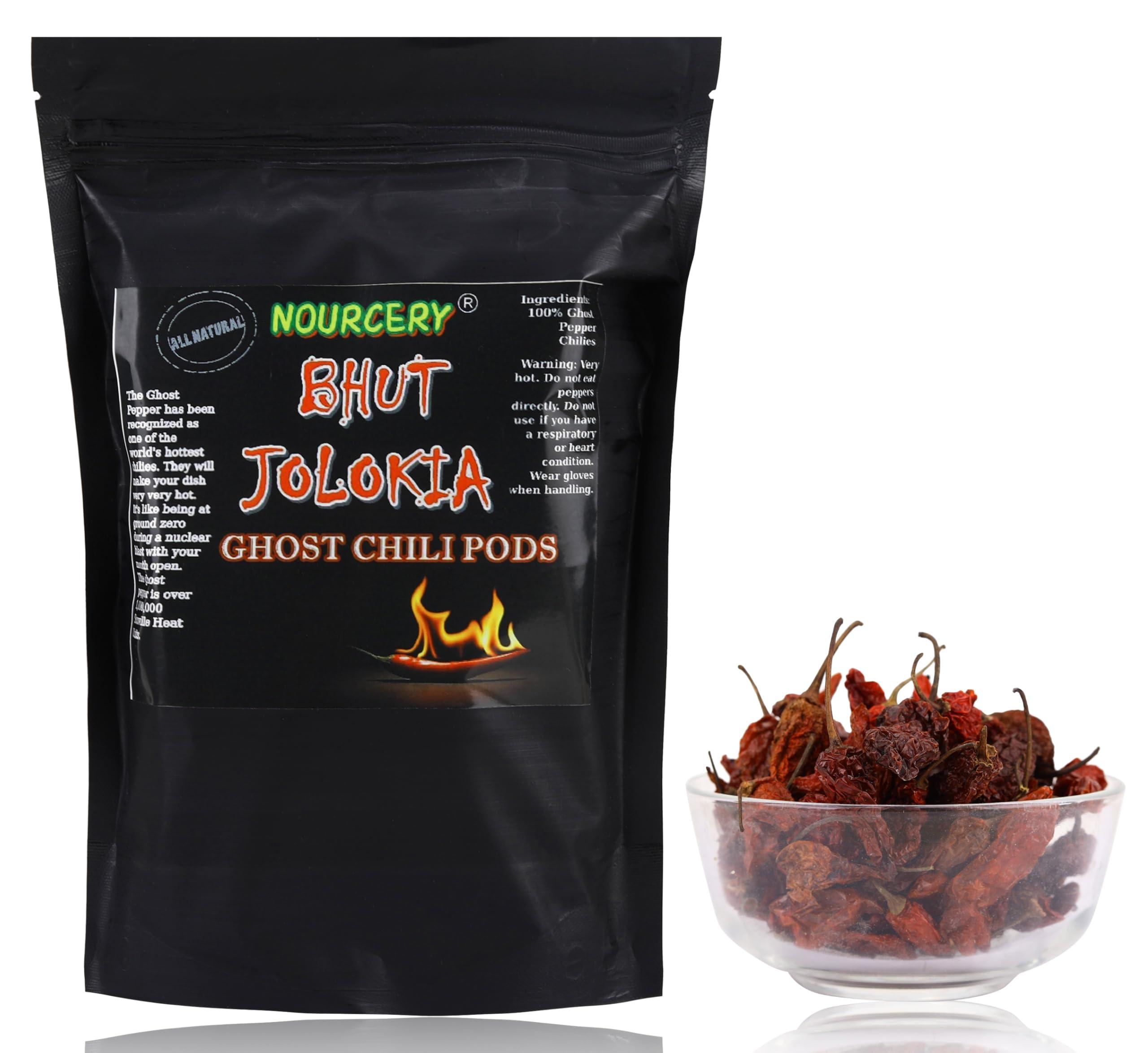 NOURCERY Nourcery Bhut Jolokia Chilli Whole 100 Grams | Ghost Pepper | Naga Chilli | King Chilli | Raja Mirchi | Sundried | Organically Grown | Fire up any dish with a dash of this chilli | Hottest Chilli in India Bhut Jolokia Pods (100gm), Vaccum Packed