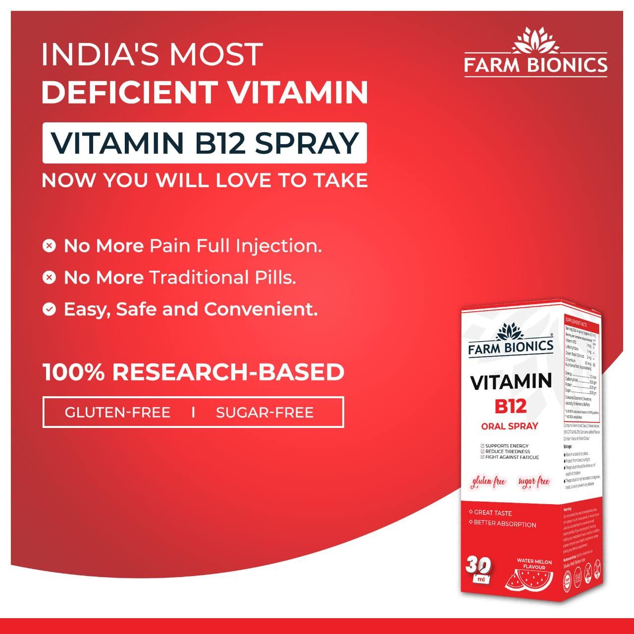 FARM BIONICS FARM BIONICS Combo of Guava Flavour Vitamin B12 and Water melon Flavour Vitamin B12 Oral Spray, 30ml | 100% Vegetarian | Sugar and Gluten Free | Immunity Booster Spray for Men and Women