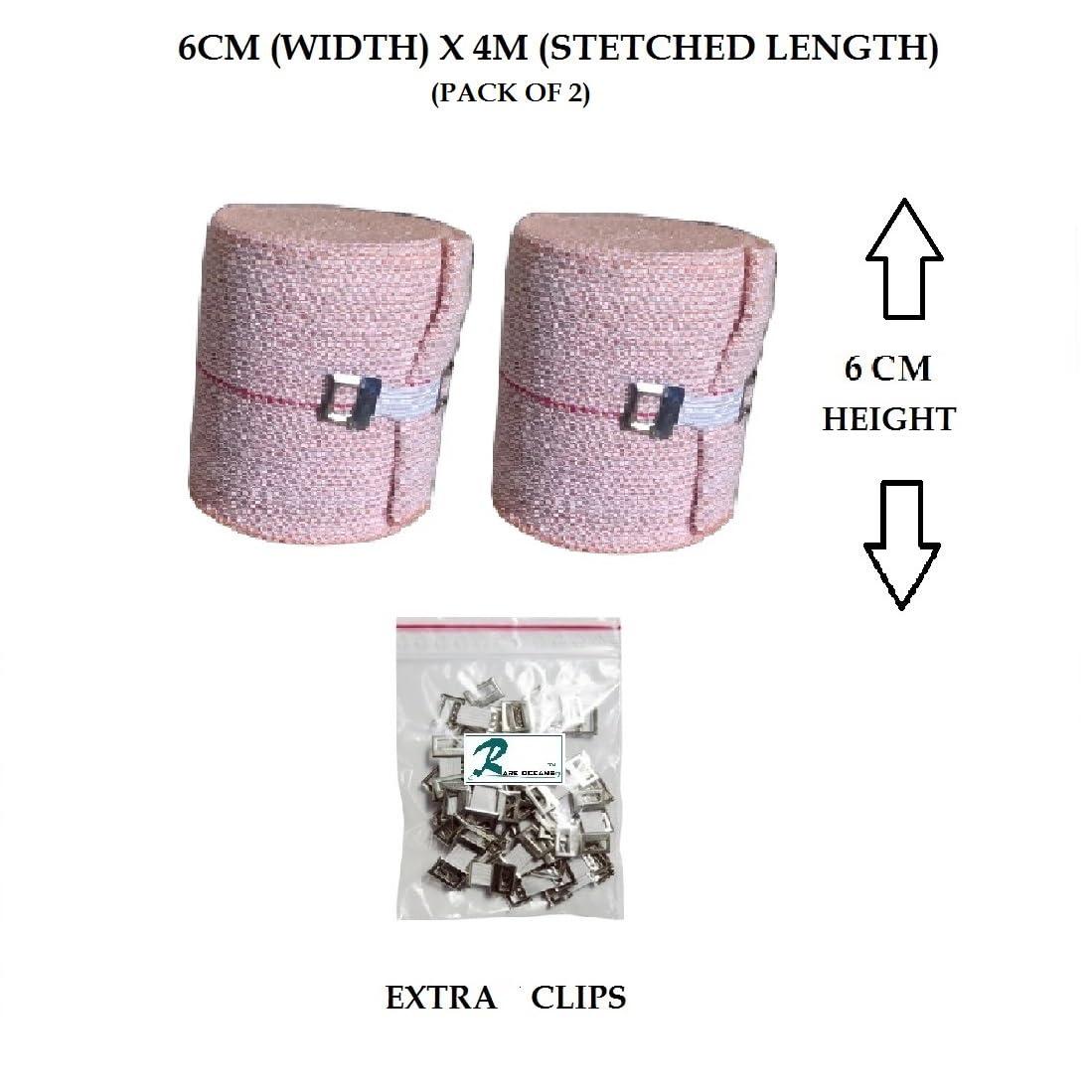 RARE OCEANS RARE OCEANS Elastic Crepe Bandage Width 6cm X 4m Stretched Length Elastic Garam Patti for Wrist/Knee/Ankle/Thigh/Hand/Leg (Pack of 2) With Extra Clips Code6A2