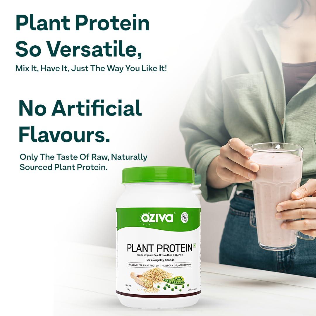 OZiva OZiva Organic Plant Protein for Everyday Fitness | 30g Protein - Pea Isolate | Complete Plant Protein Powder for Men & Women | No Added Sugar, Certified Clean & Vegan (Unflavoured, 1kg + shaker)