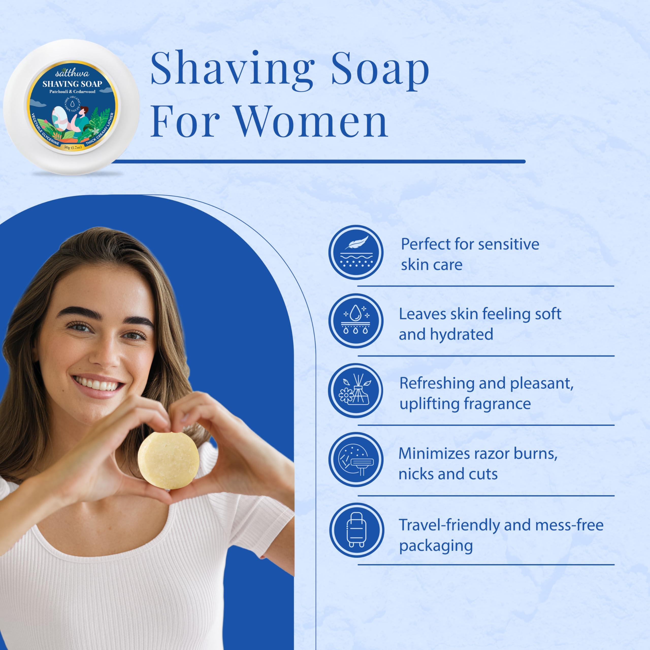 Satthwa Satthwa Organic Shaving Soap infused with Patchouli & Cedarwood | Create the Perfect Lather | Excellent for Silky Smooth Shaves | Hydrates and Shields, 50g (1.7oz)