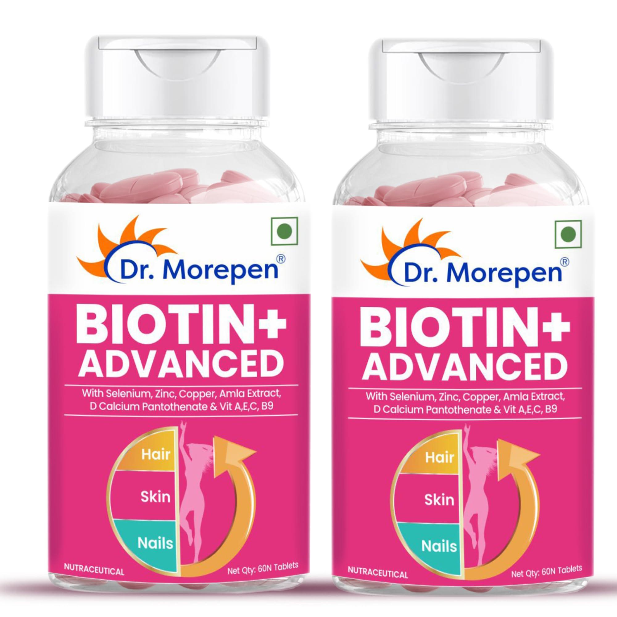 Dr. Morepen Dr.Morepen Biotin+ Tabs | With Multivitamins, Amino Acids, Natural Extract of Amla, Turmeric & Green Tea, Bhringraj & Brahmi | 60 Tablets Pack of 2