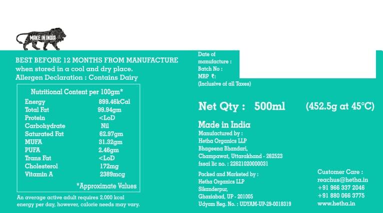 Hetha Hetha Organics Himalayan Pahadi/Badri Desi Cow Bilona A2 Cultured Ghee Made In Brass Utensil (Peetal Kadhai) Single Origin - 500Ml