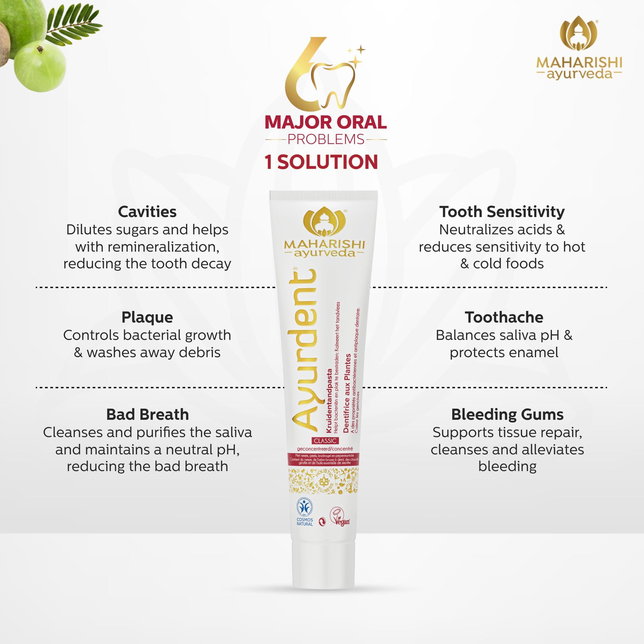 Maharishi Ayurveda Maharishi Ayurveda Ayurdent Classic Toothpaste | Unique Saliva Balancing Formula | For Toothache, Bleeding Gums, Sensitivity, Cavities, Plaque & Bad breath | Non Foaming, SLS & Fluoride Free Pack of 4