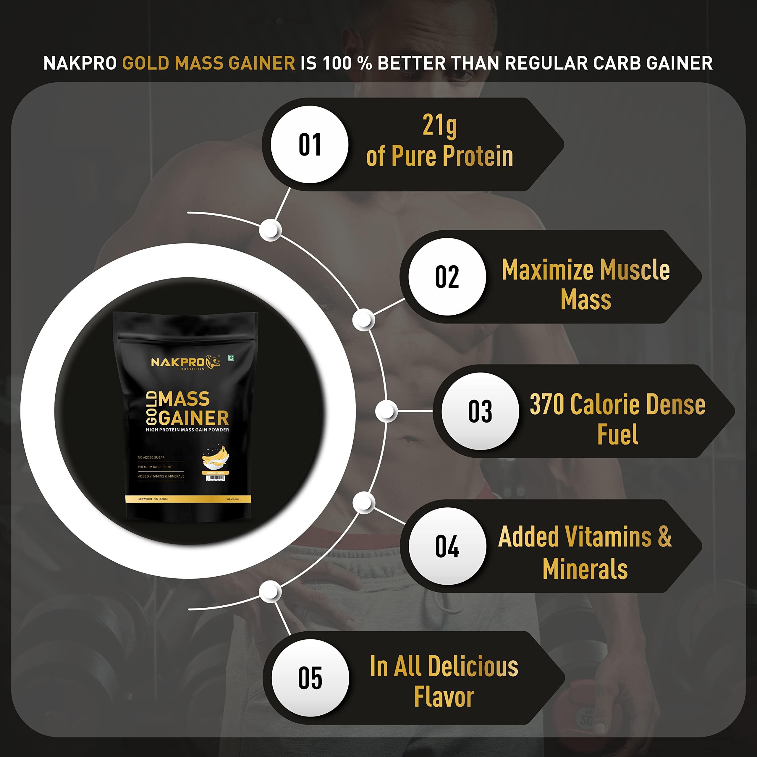 NAKPRO Nakpro Gold Mass Gainer Powder 5Kg, Banana| Lean Muscle Whey Protein Mass Gainer | 21g Protein, 68g Carb, 372 Calories Per Scoop for Muscle Support & Muscle Mass Gain